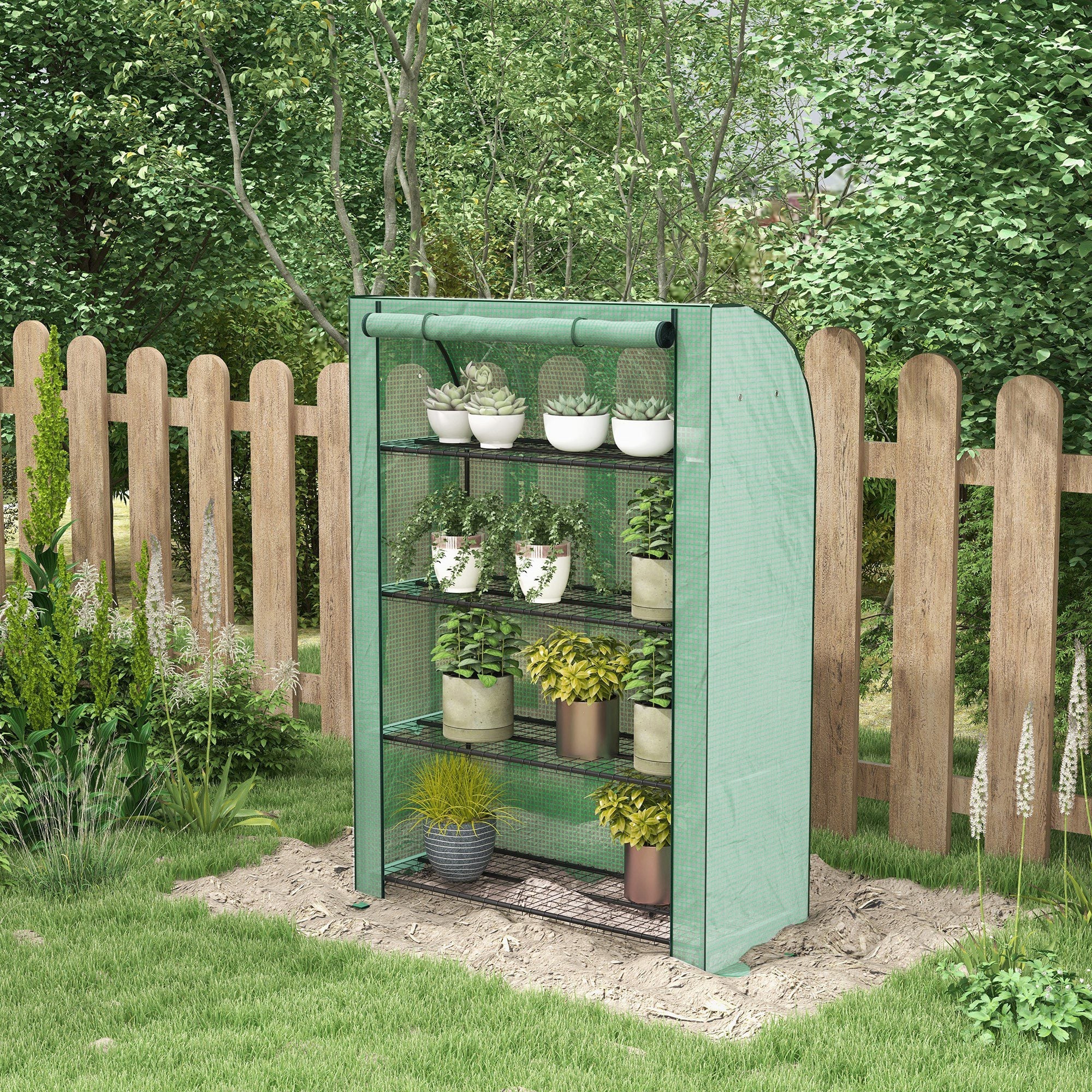 4 Tier Mini Greenhouse, Portable Indoor Outdoor with Roll-up Door and Wire Shelves, Green