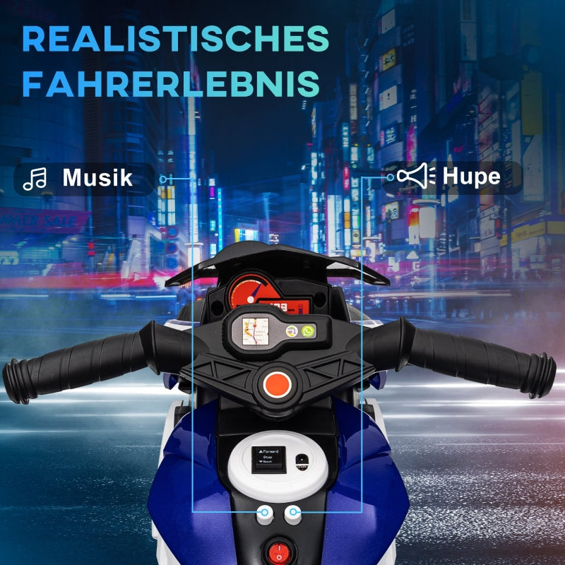 Electric Children's Motorcycle with Lights and Sounds, Rechargeable, Blue and White