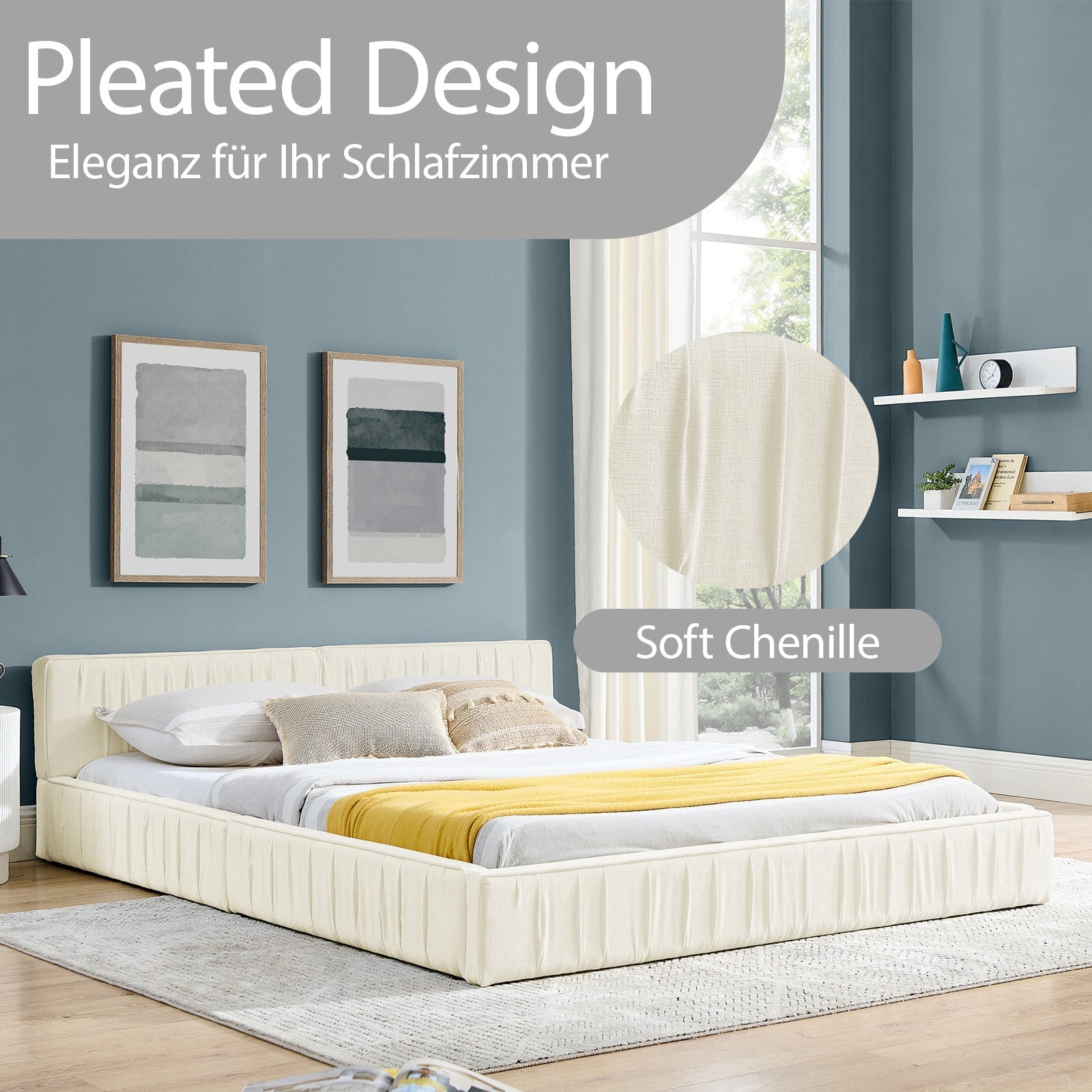 Double Bed 160x200cm Chenille Cover Wood & Iron Frame - Beige