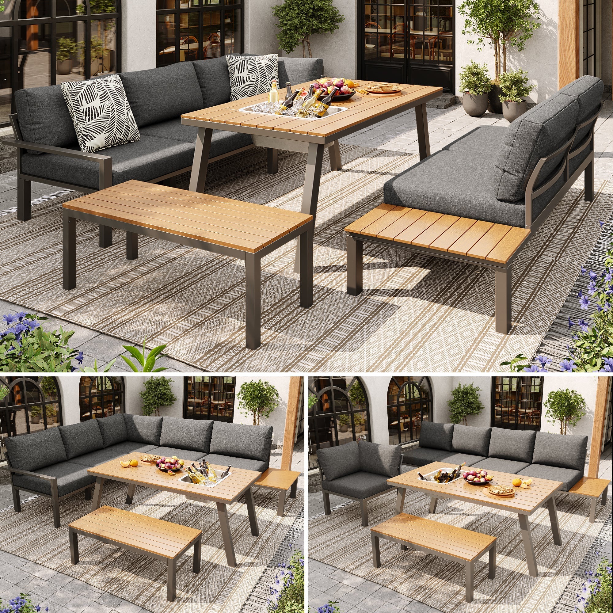 Outdoor Garden Lounge Furniture Set for 6-7 People, Galvanised Iron Frame, Grey