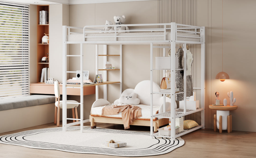 Metal Loft Bed, 140x200cm Junior Double with Desk & Storage, White