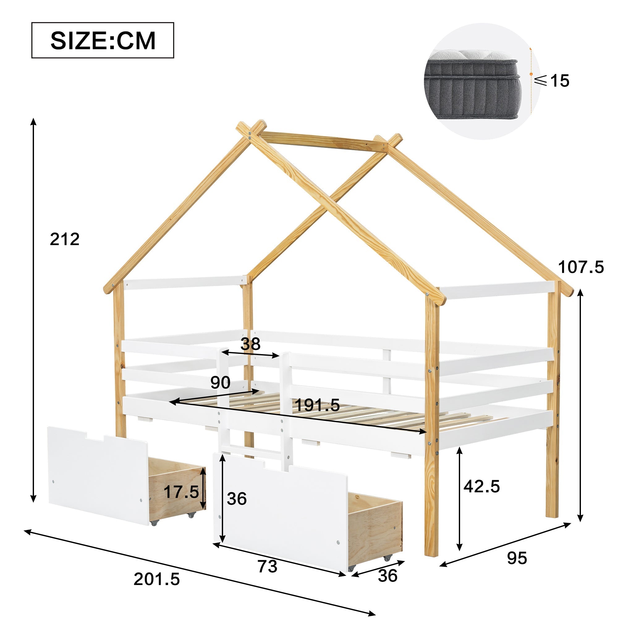 Wooden Children's Bed 3ft Single 90x190cm with Safety Guardrail, Storage Drawers, Imitation Roof Shape, White & Natural