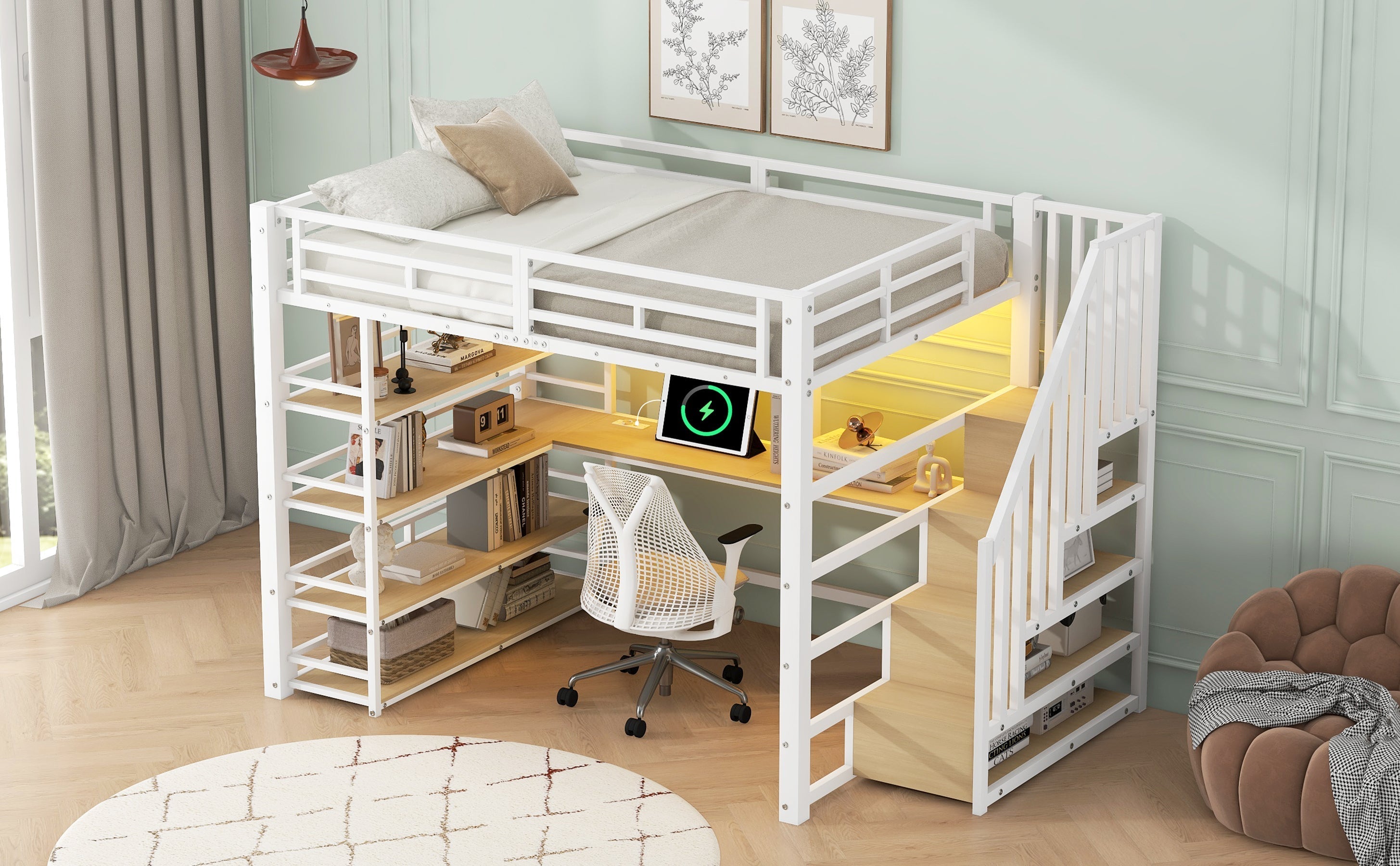 Metal Loft Bed with Desk, Stairs, Storage and LED Light, White