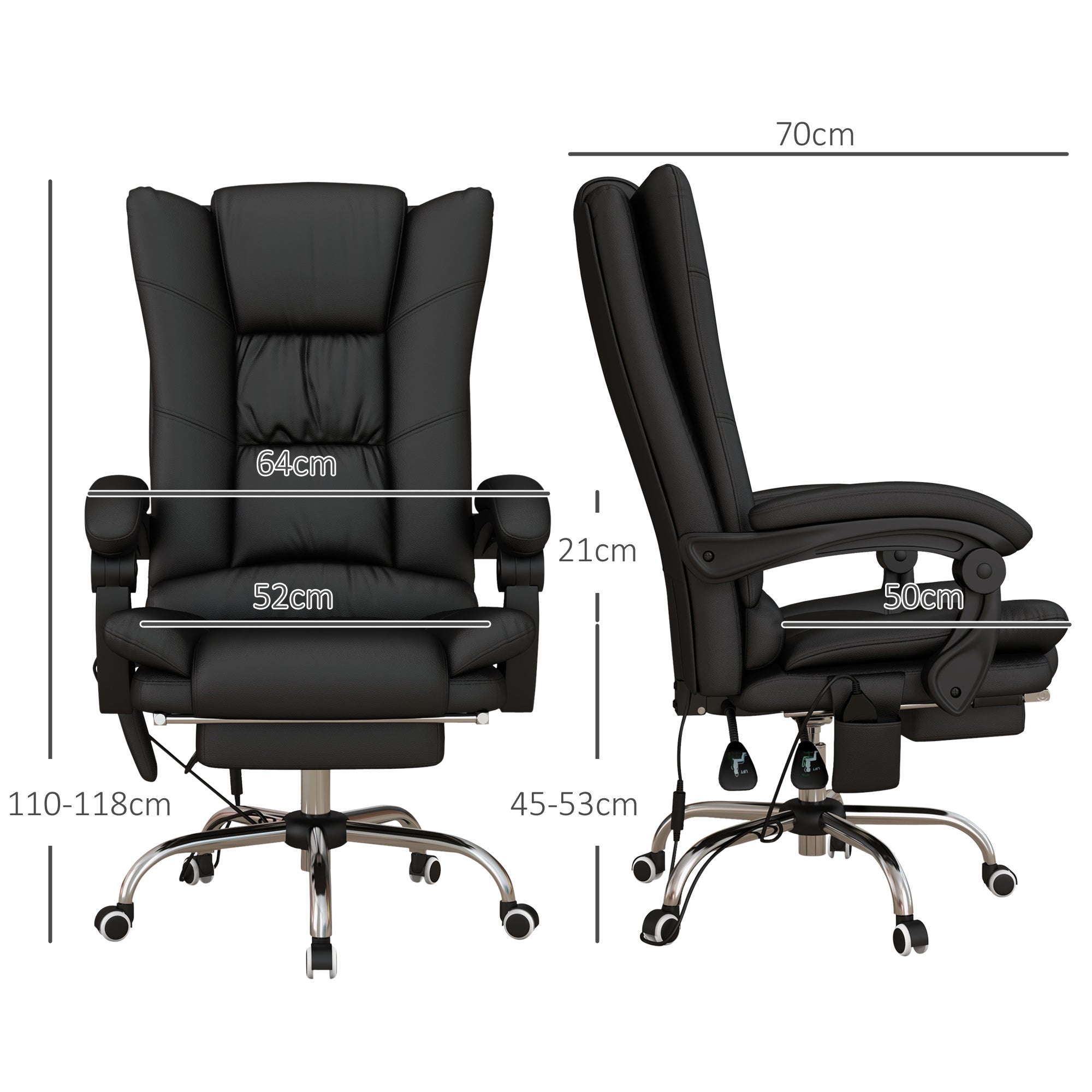 High Back Office Chair, Vibration Massage Heated Reclining 135° Footrest, PU Leather Black