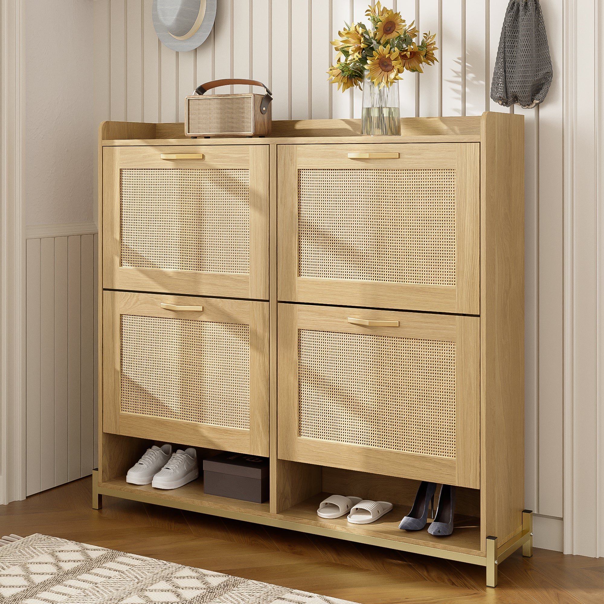 Shoe Cabinet Rattan Doors 4 Doors Metal Frame - Wood