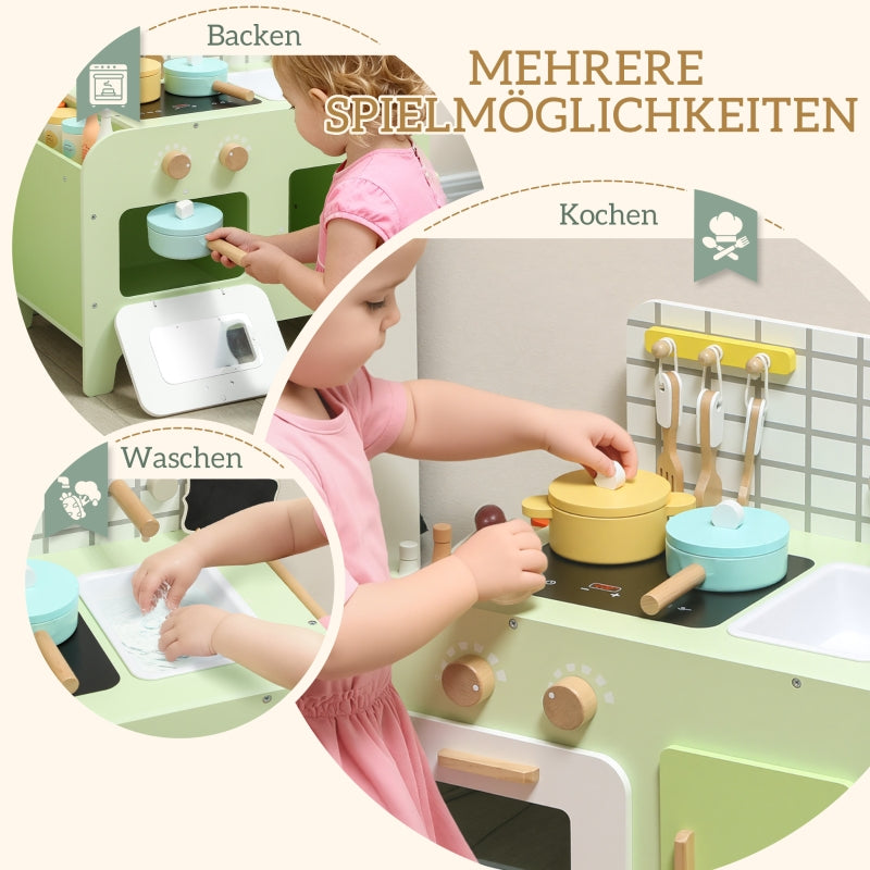 Children's Kitchen Playset with 15 Accessories and Storage Cabinets, Green MDF