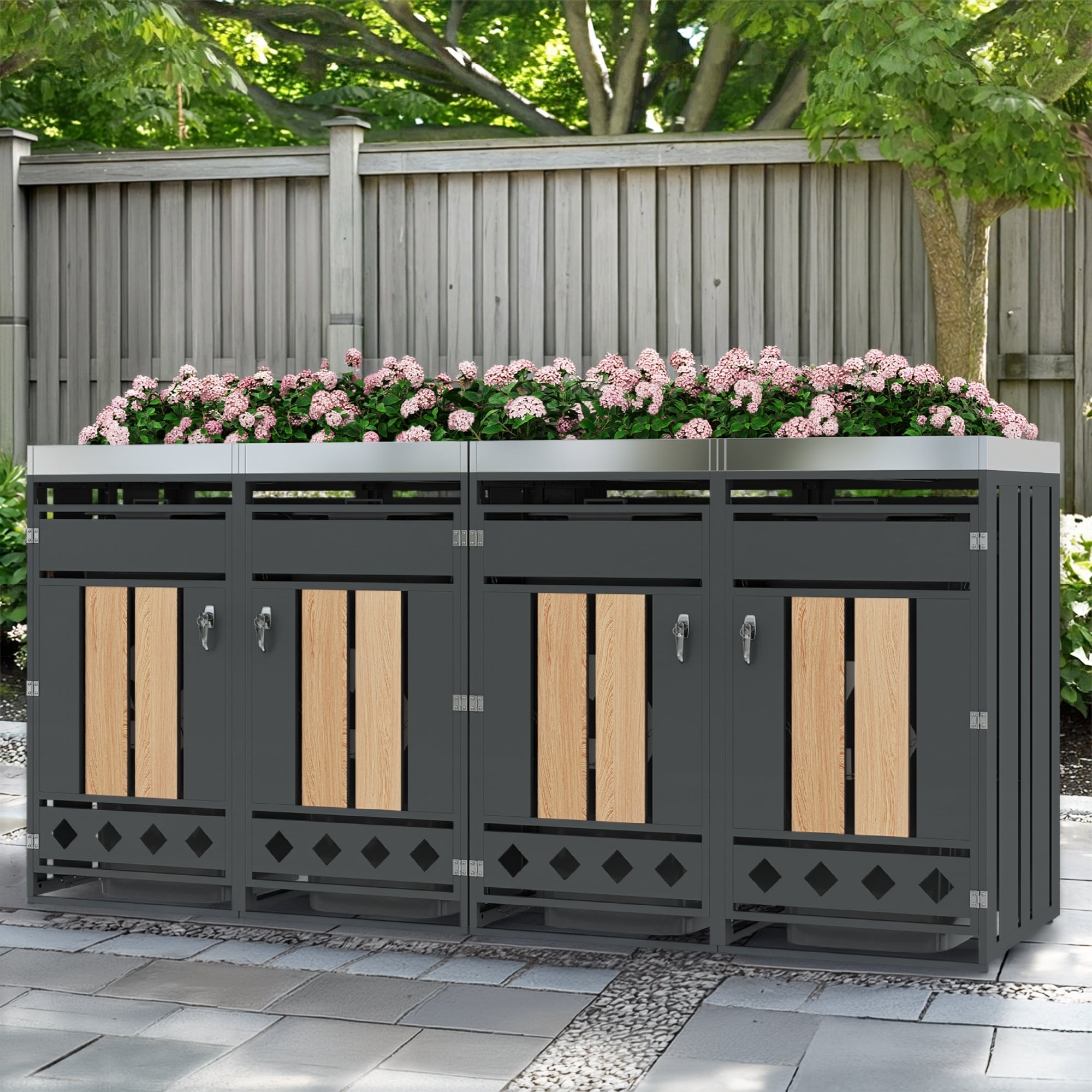 Garbage Can Enclosure with Four Doors, Diamond-Shaped Ventilation and Planting Area, Wood Grain Finish