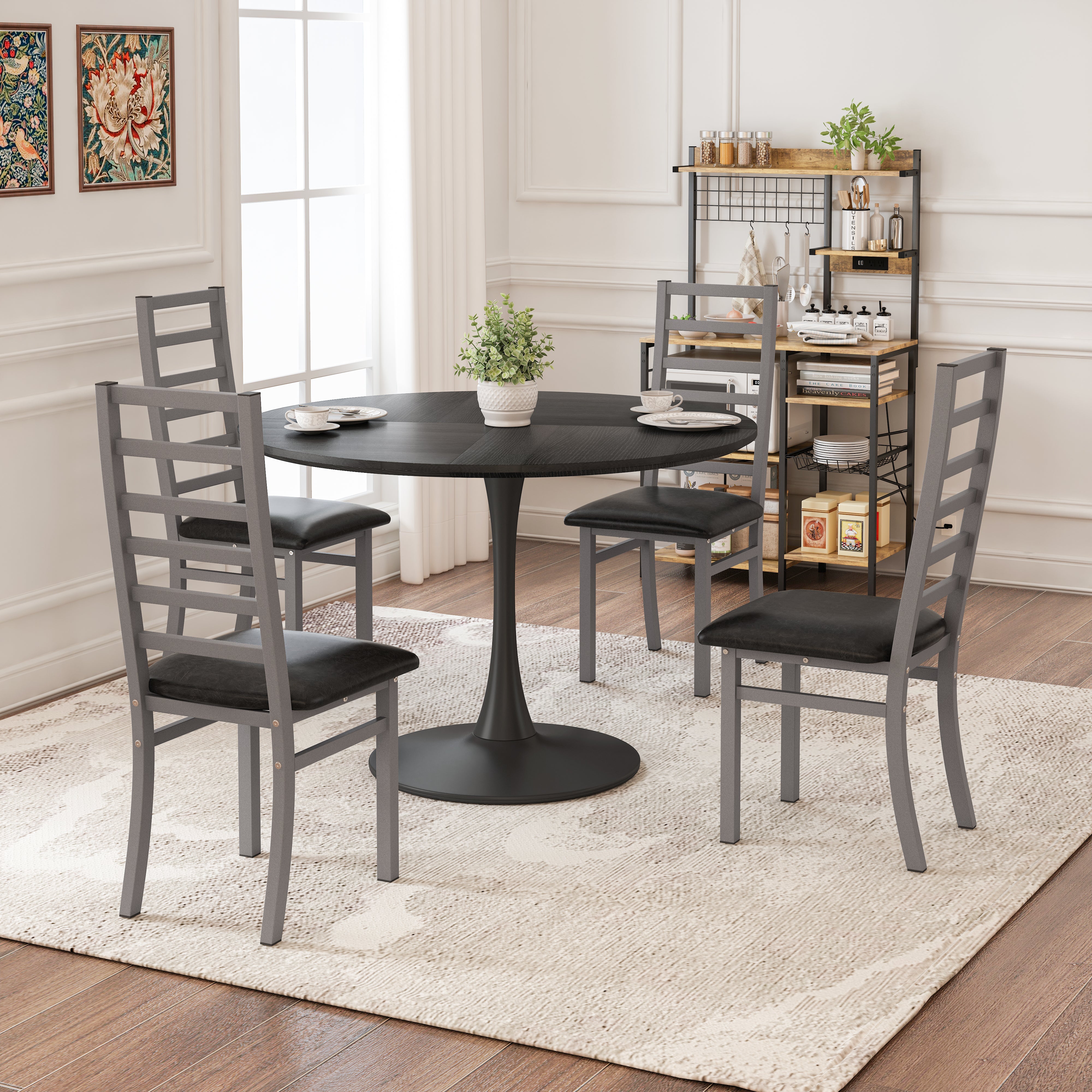 Dining Table Set for 4, Tulip Table with 4 Chairs, Black Table and Gray Chairs