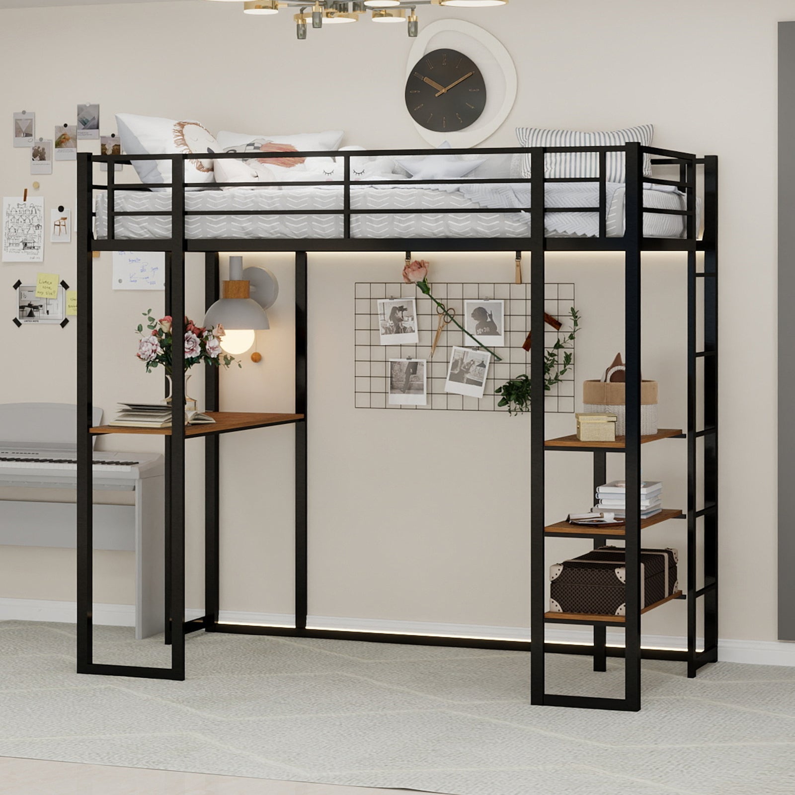 Iron Frame Bed, L-Shaped Desk, Railing & Reversible Stairs, Metal