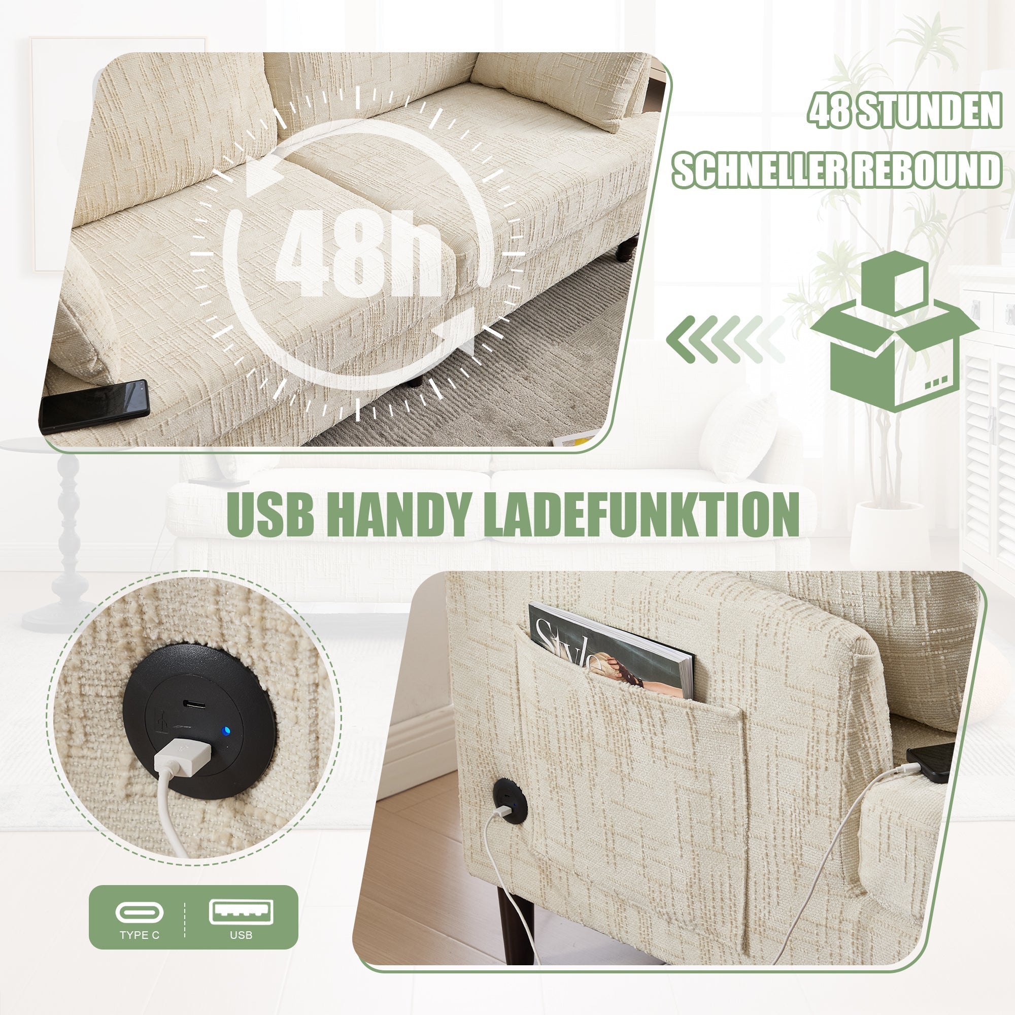 Sofa, 2-Seater with LED Light, USB & Storage, Chenille