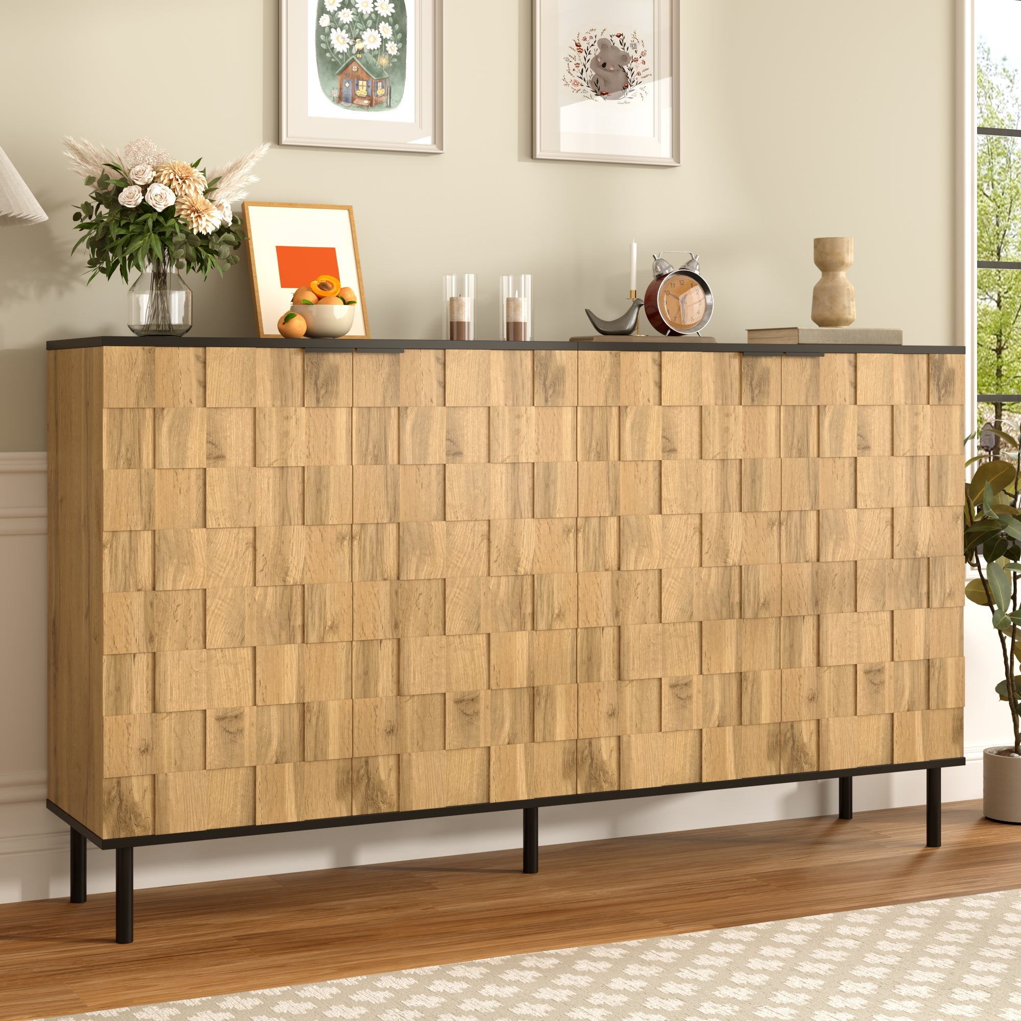 Mosaic Sideboard, 2-Door Storage Cabinet with Metal Feet, Wood-Look Chipboard