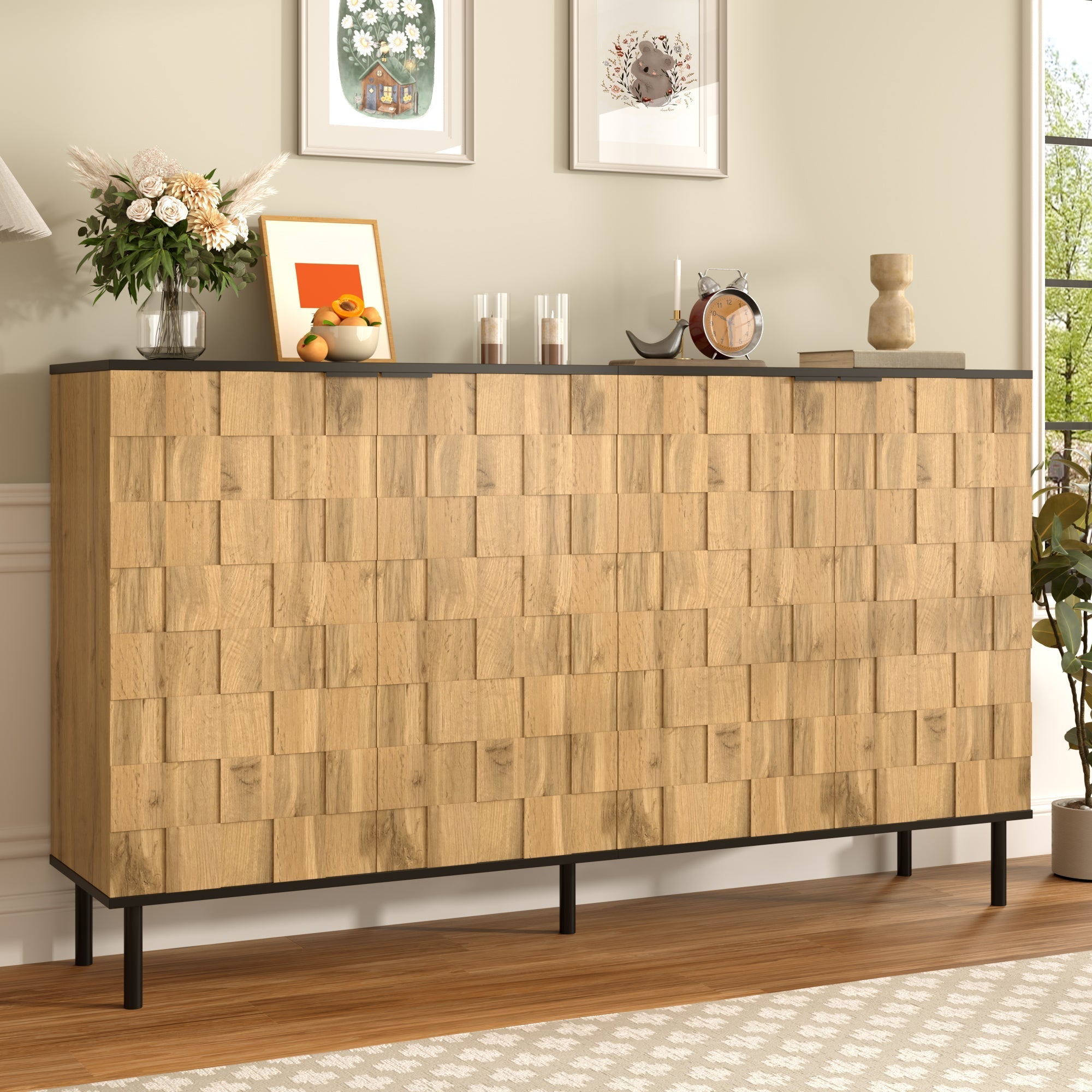 Mosaic Sideboard, 2-Door Storage Cabinet with Metal Feet, Wood-Look Chipboard