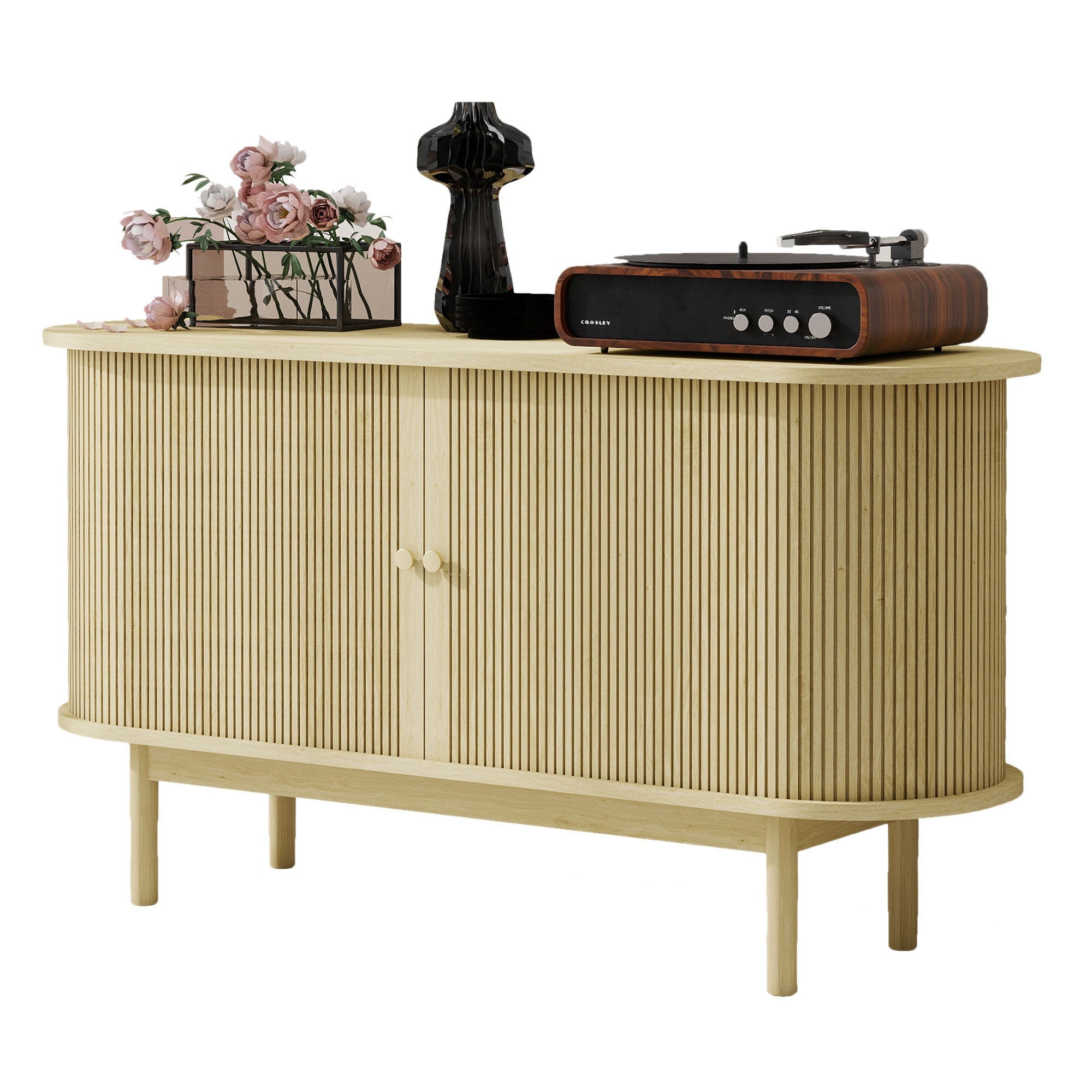 Sideboard, Retro Modern Slatted with Sliding Doors, 138cm Adjustable Shelves, Natural Wood