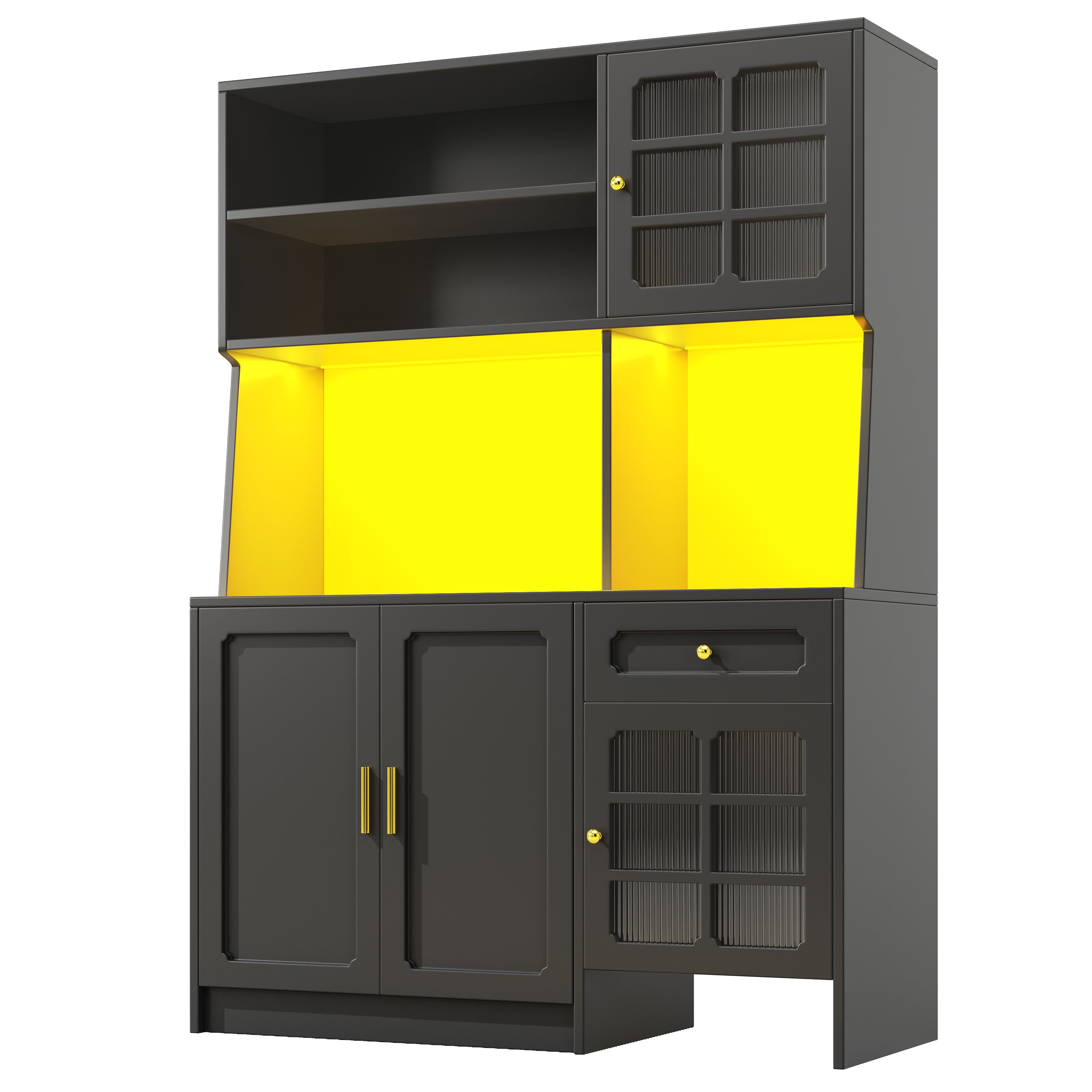 Tall Kitchen Cabinet Sideboard with Glass Doors and LED Lighting, Black