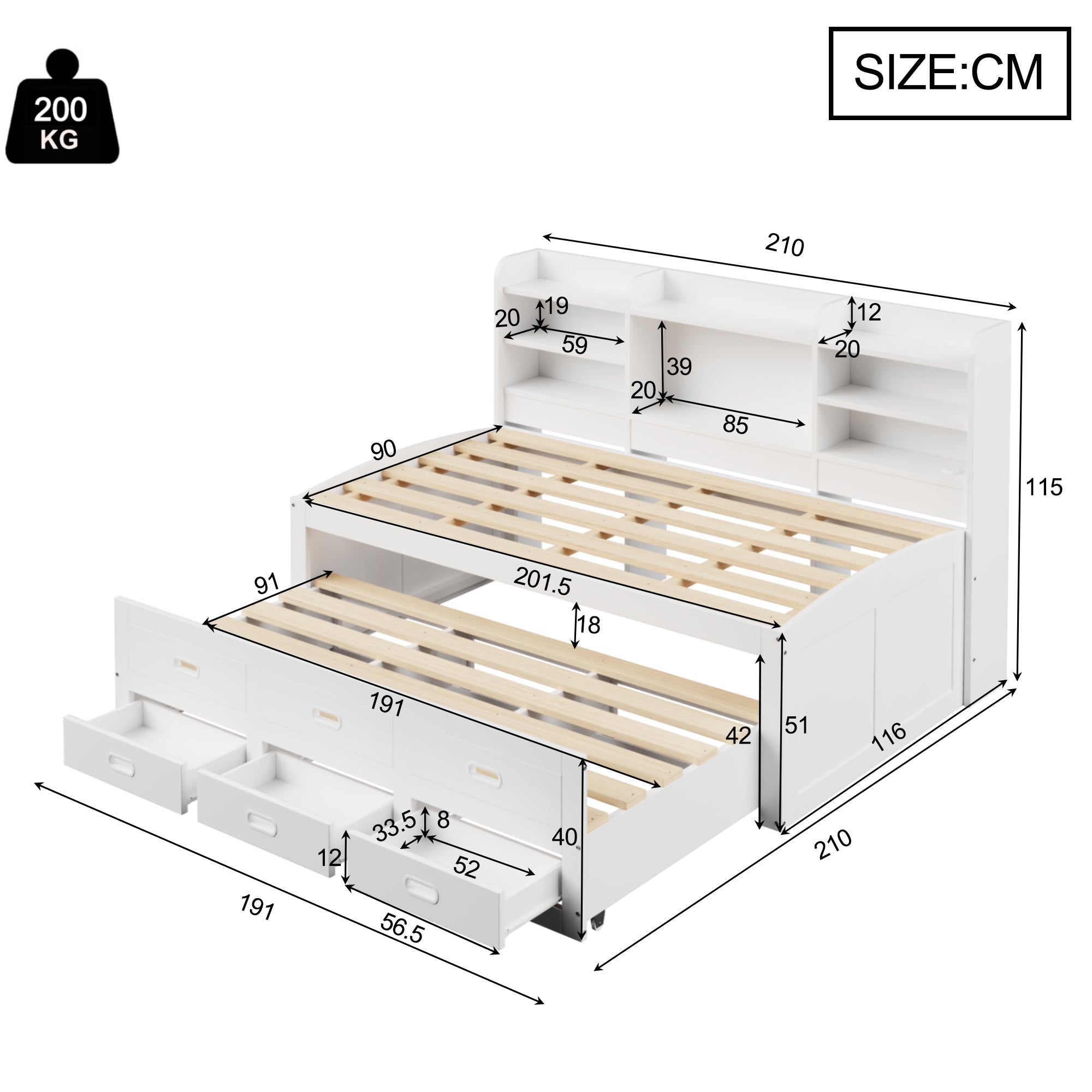 Sofa Bed Daybed 90x200cm Extendable LED 3 Drawers Shelf USB/Type-C - White