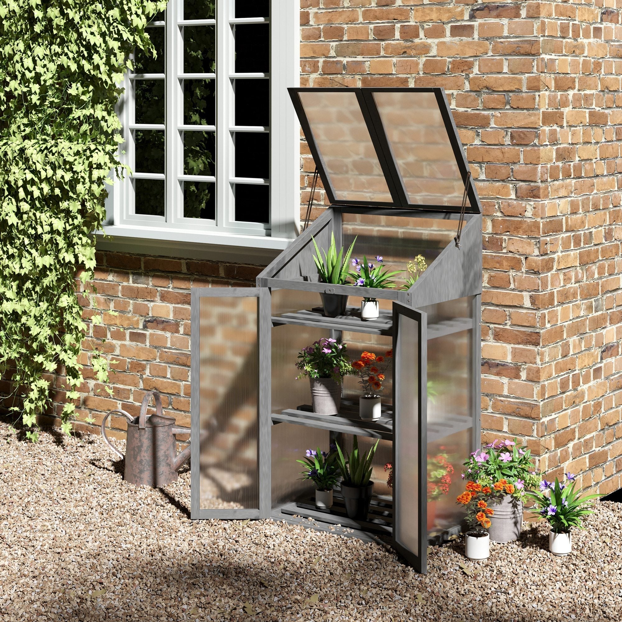 Cold Frame Mini Greenhouse 70x50x120cm Double Door 3 Shelves Wooden Grey