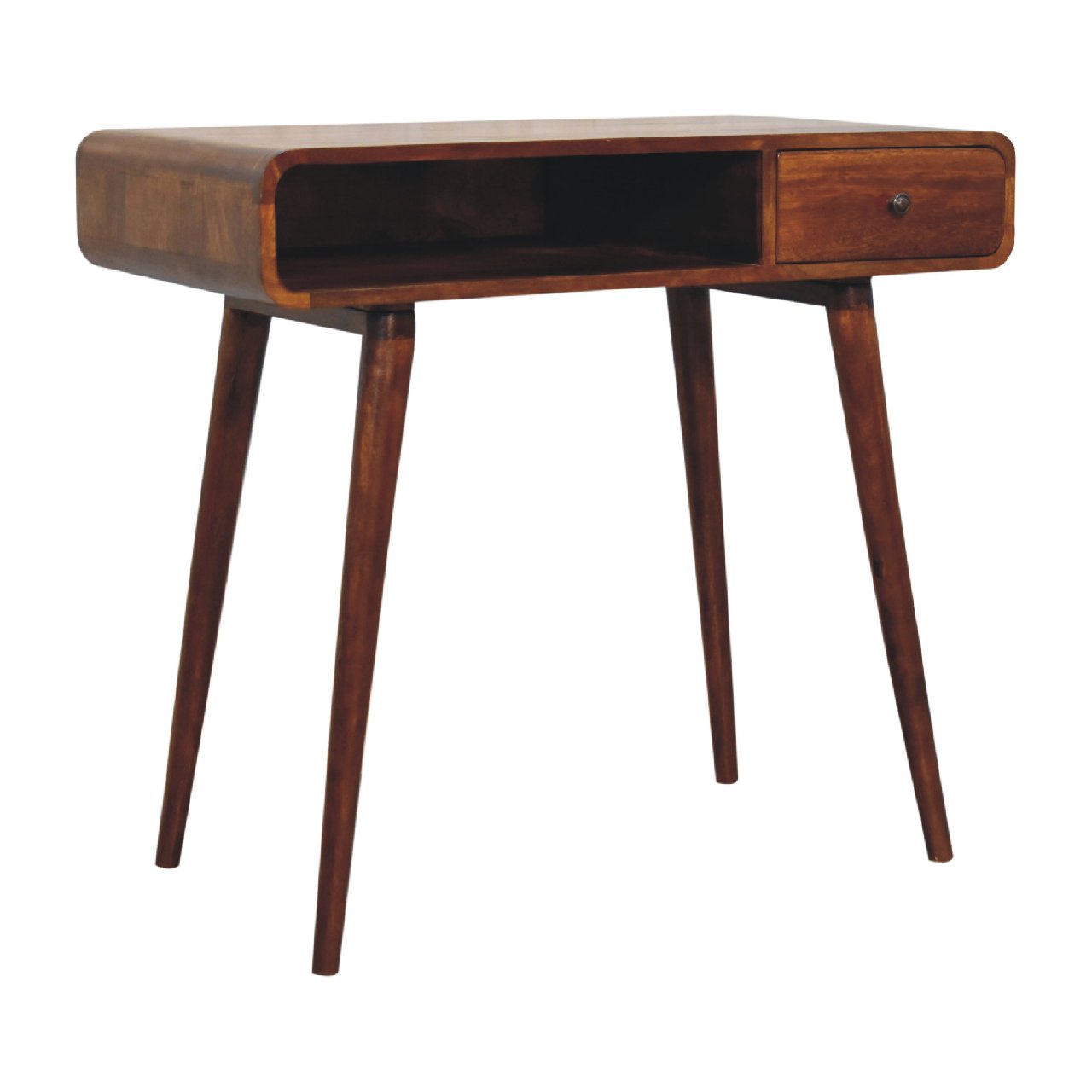 Solid Wood Writing Desk, Curved 1 Drawer 1 Shelf, Chestnut Brown