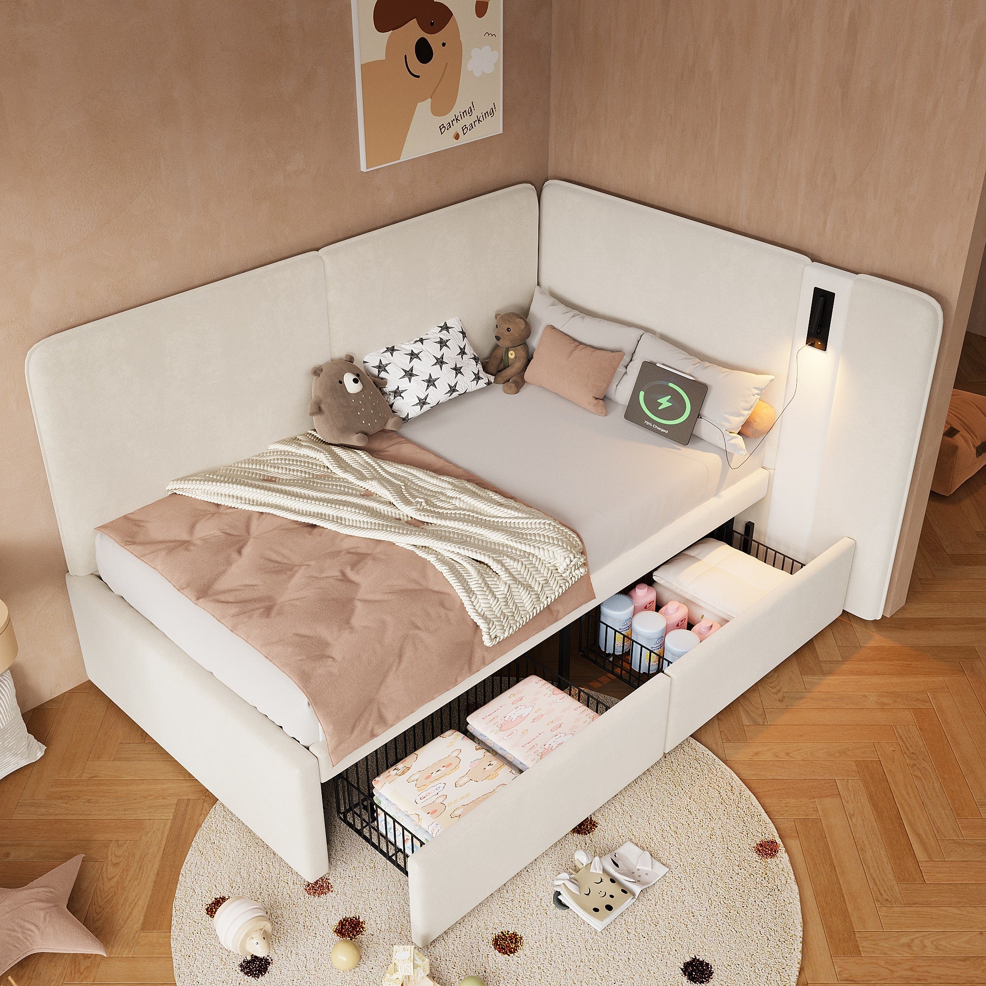 Upholstered Daybed with 2 Drawers, USB Charging Port and Reading Lamp, 90x200cm, Beige Velvet