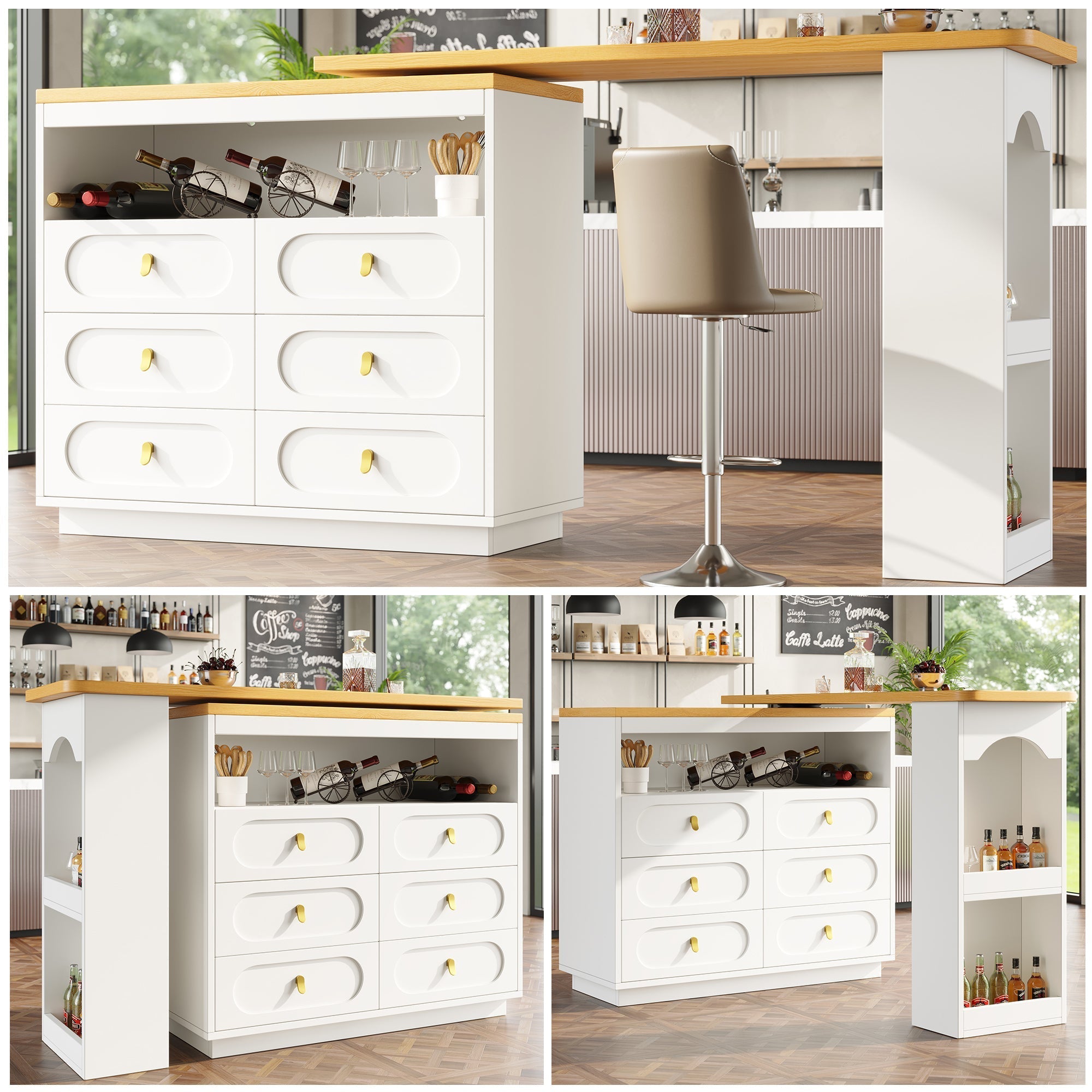360° Rotating Bar Table, Dining Kitchen Island with Storage, White
