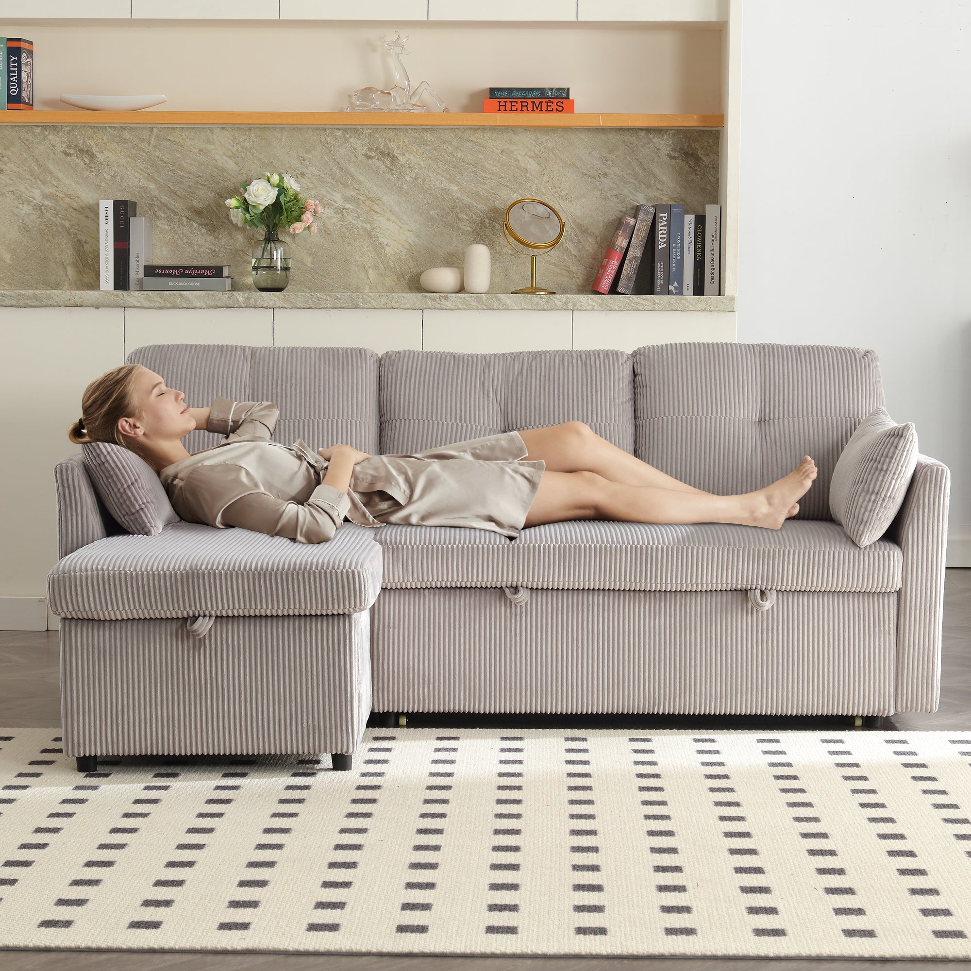 Multi-functional Sofa Bed, Modular L-Shaped Sectional with Storage and Pull-out Bed