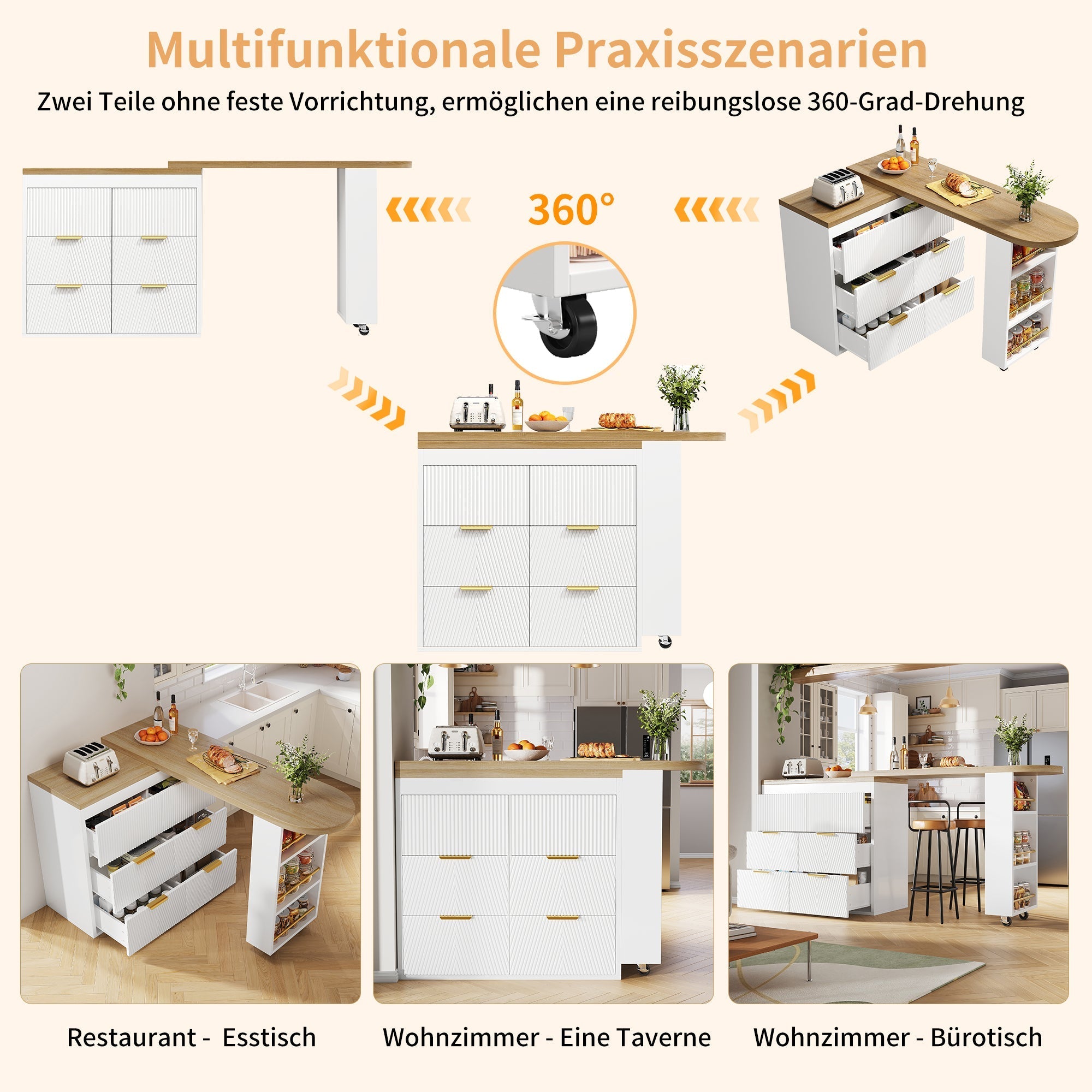 Multifunctional Bar Table with 6 Drawers and 360 Degree Rotation, White
