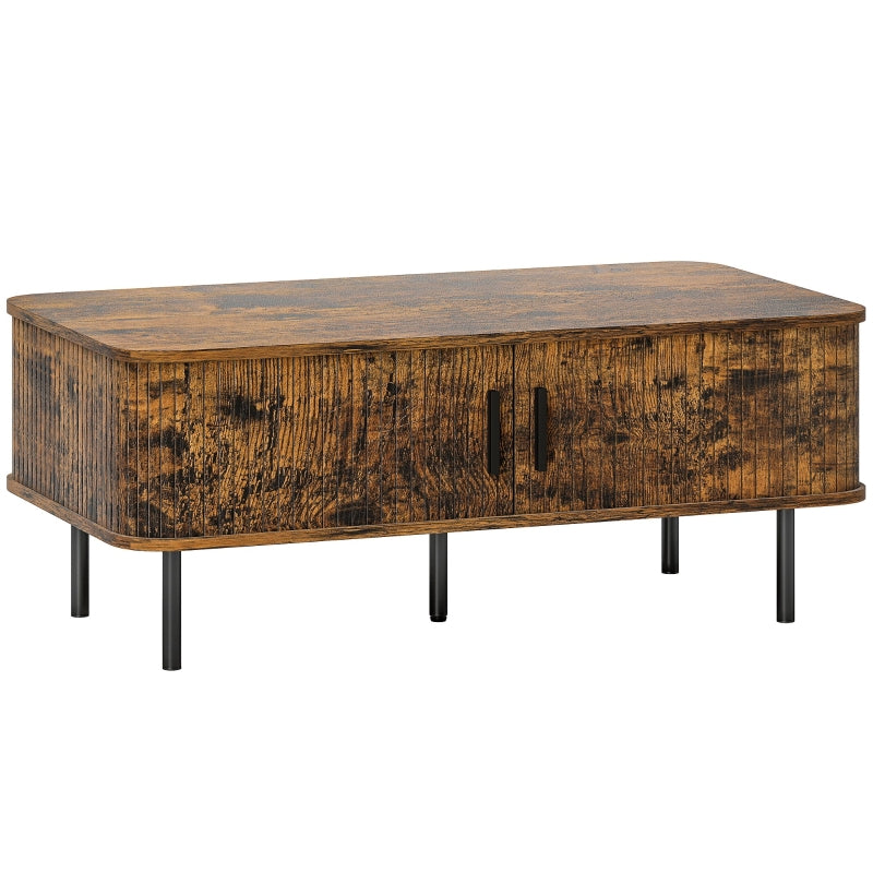 Coffee Table with Storage, Rectangular Slatted Sliding Doors, Rustic Brown