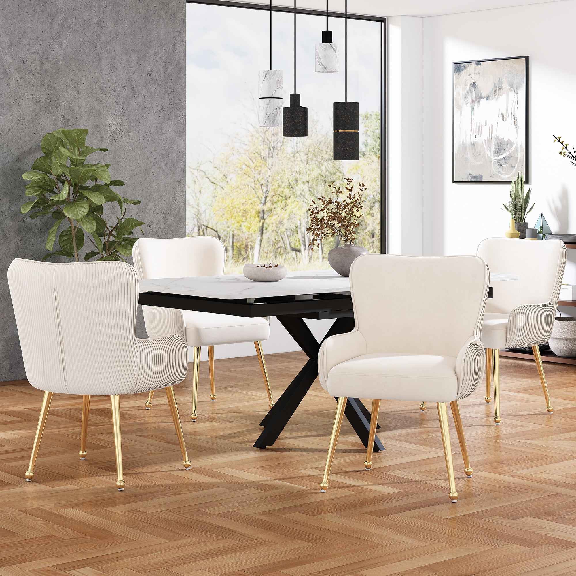 Velvet Dining Chair Set of 6, Luxurious Lounge with Armrests, Lumbar Support, Gold Legs, Beige