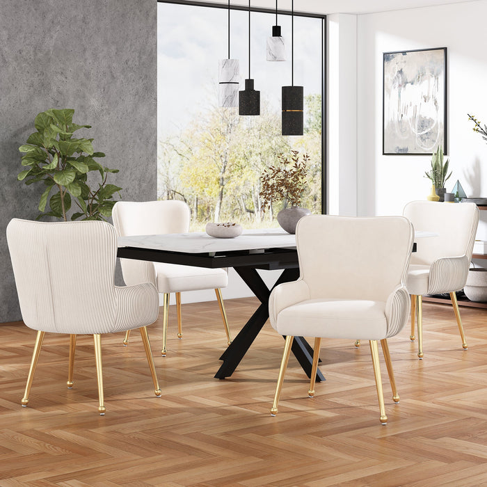 Velvet Dining Chair Set of 4 Gold Metal Legs Armrests Lumbar Support - Beige