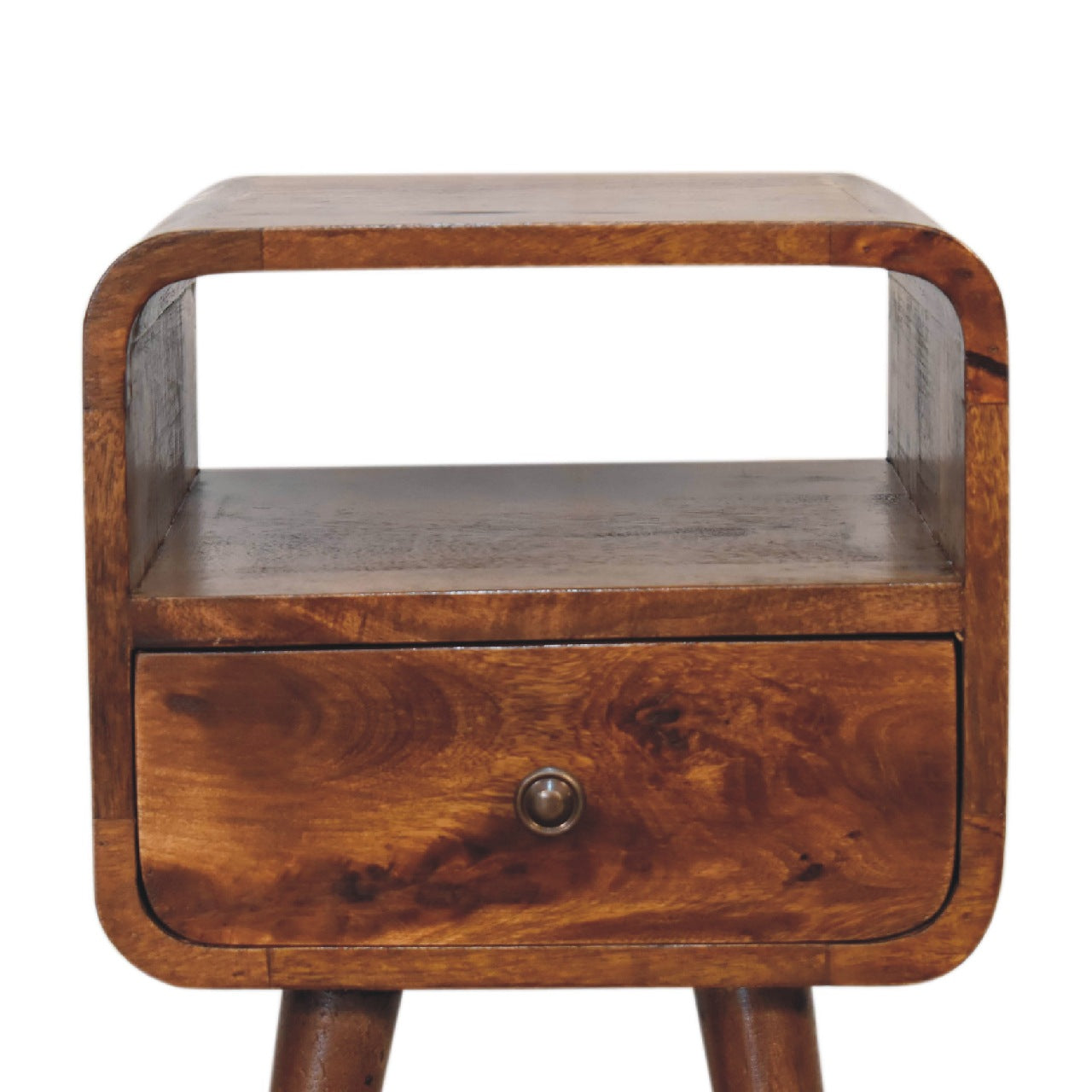 Solid Wood Mini Chestnut Curve Open Bedside with 1 Drawer and Open Shelf, Dark Brown