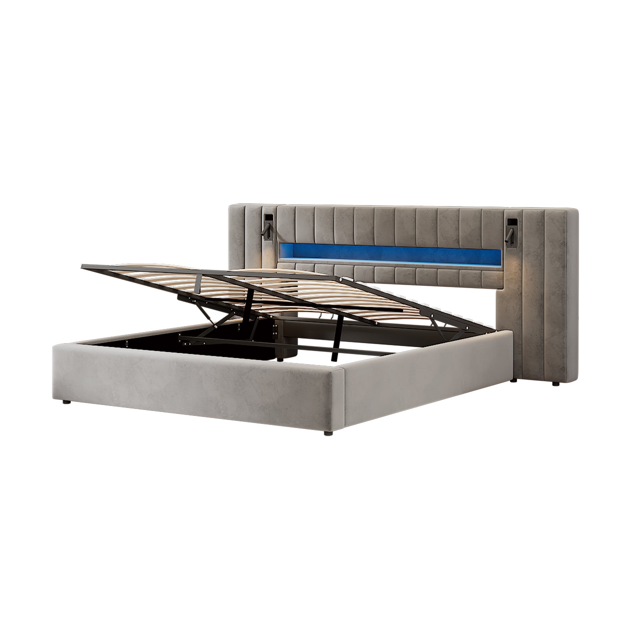 Upholstered Double Bed with USB Port, LED Lighting and Storage, 160x200cm, Grey Velvet