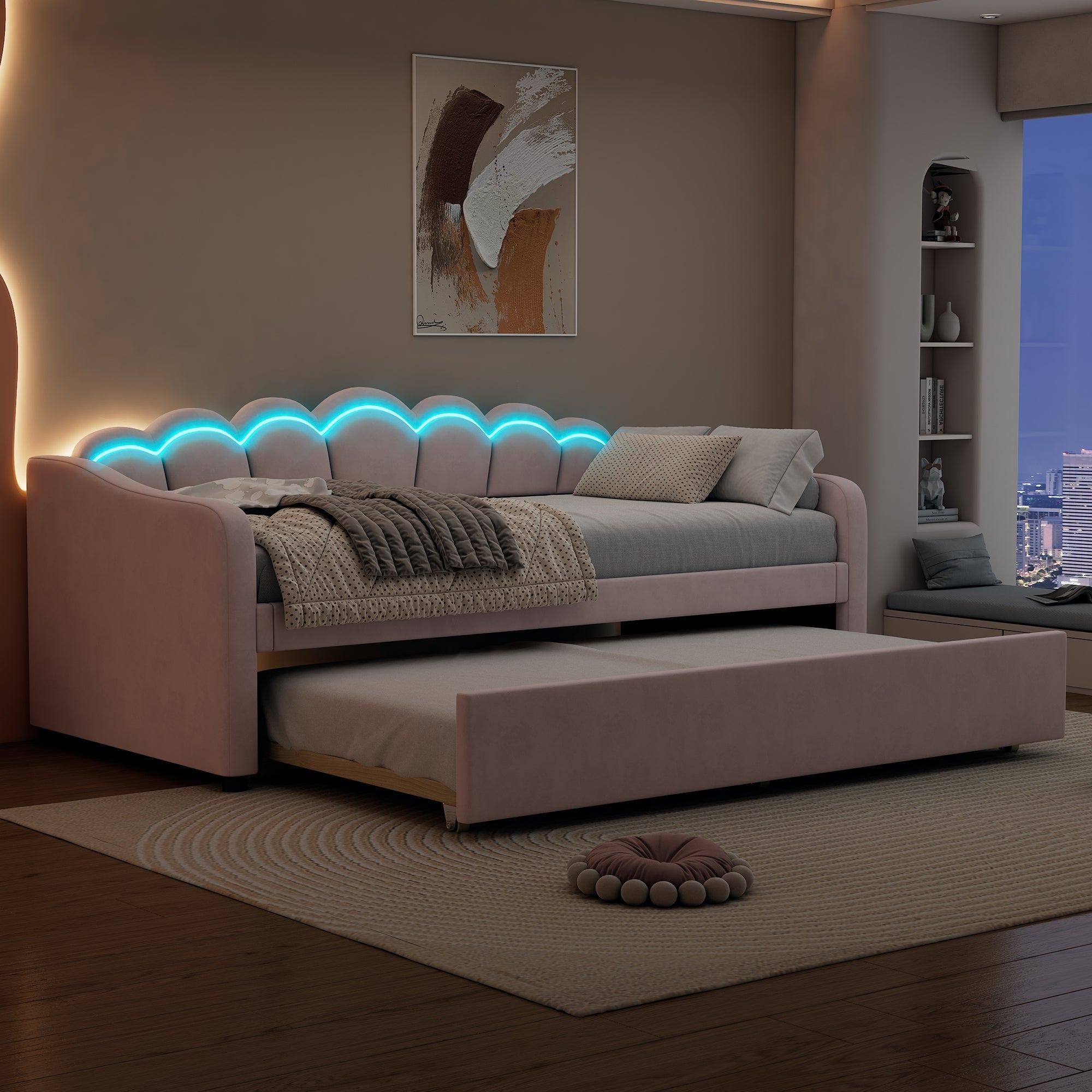 Daybed Sofa Bed 90x200cm Pull-out Bed Ambient Light Remote Control - Velvet Pink