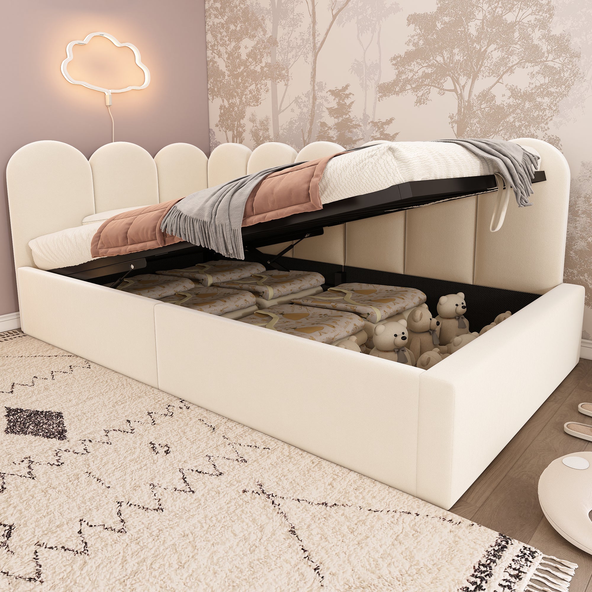Upholstered Daybed Sofa Bed 90x200cm Hydraulic Storage Velvet Beige