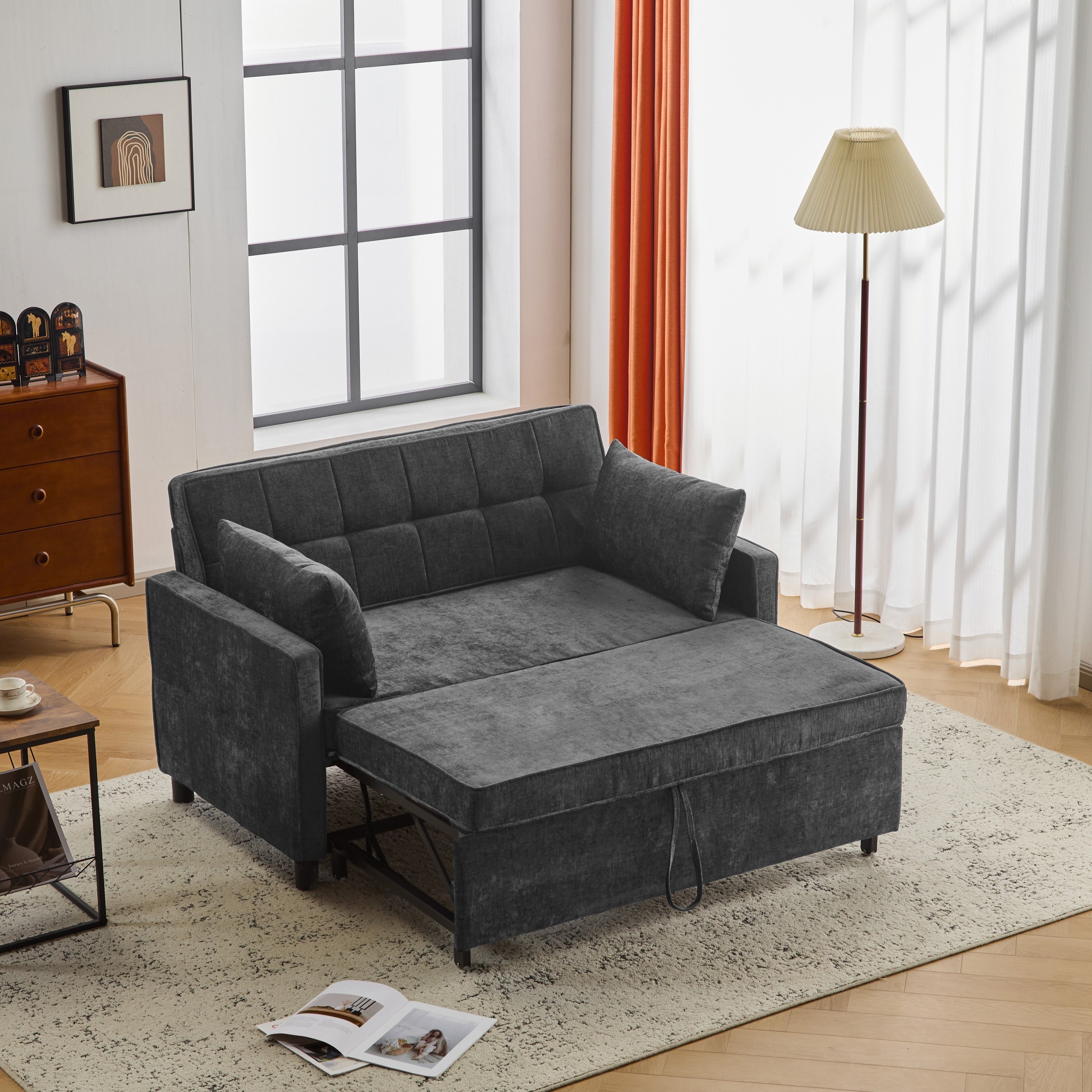 Sofa Bed Two-Seater Sleeper, Adjustable Backrest High-Density Foam, Chenille Fabric