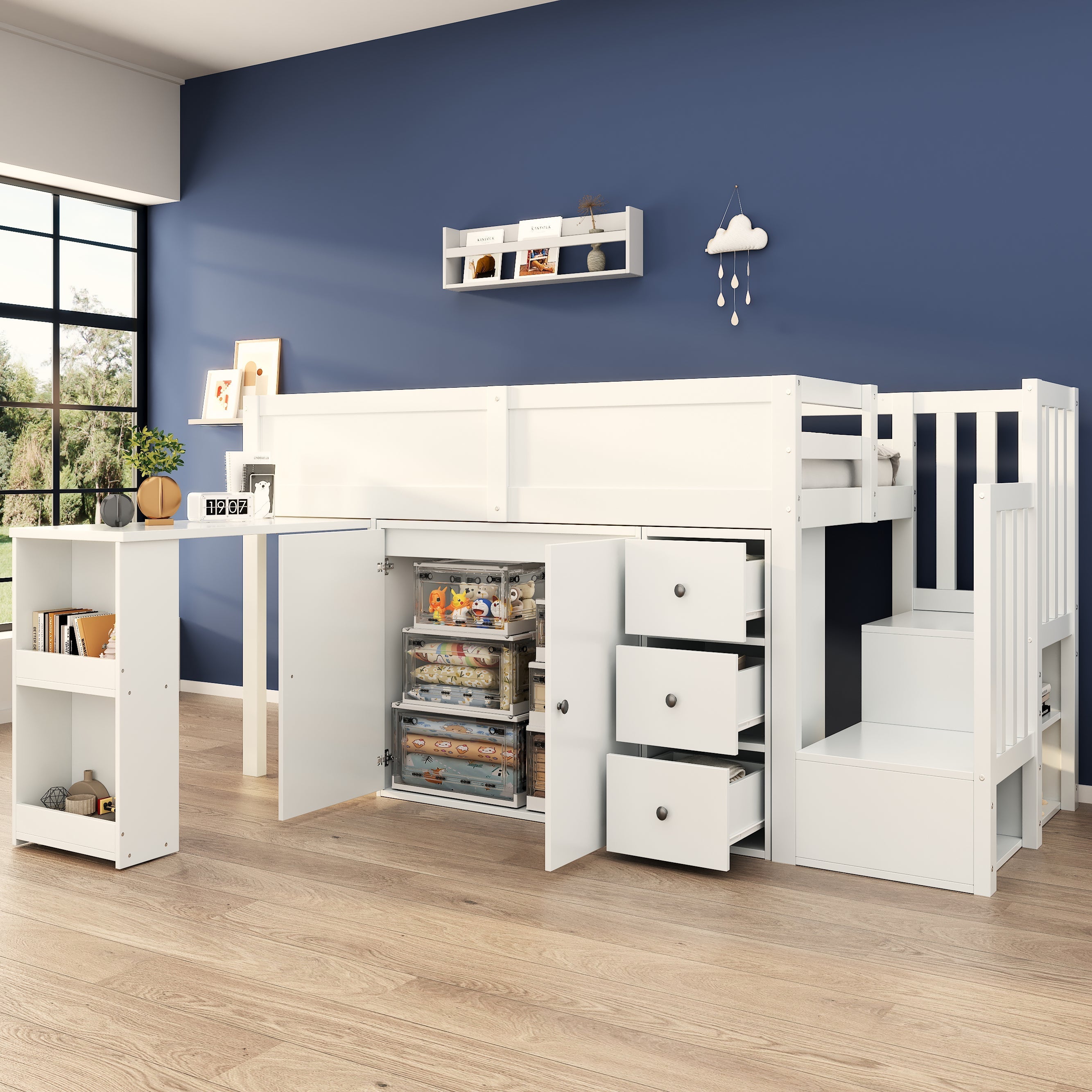 Multifunctional Children's Loft Bed with Desk, Wardrobe and Storage Stairs, White MDF
