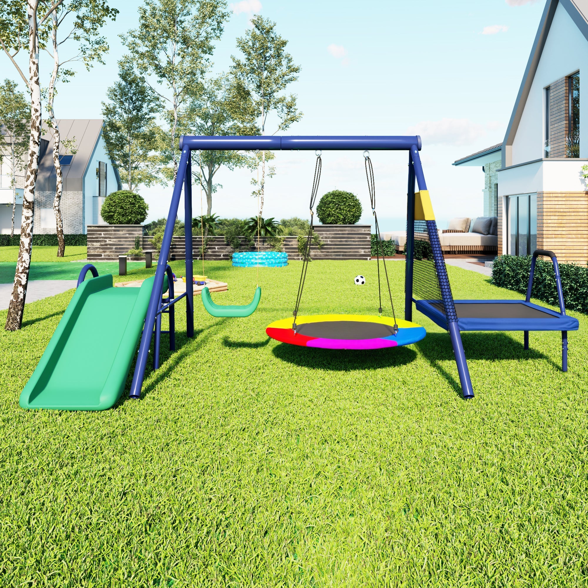 Multifunctional outdoor swing set with slide, trampoline, round nest swing, and plastic swing, safe and durable