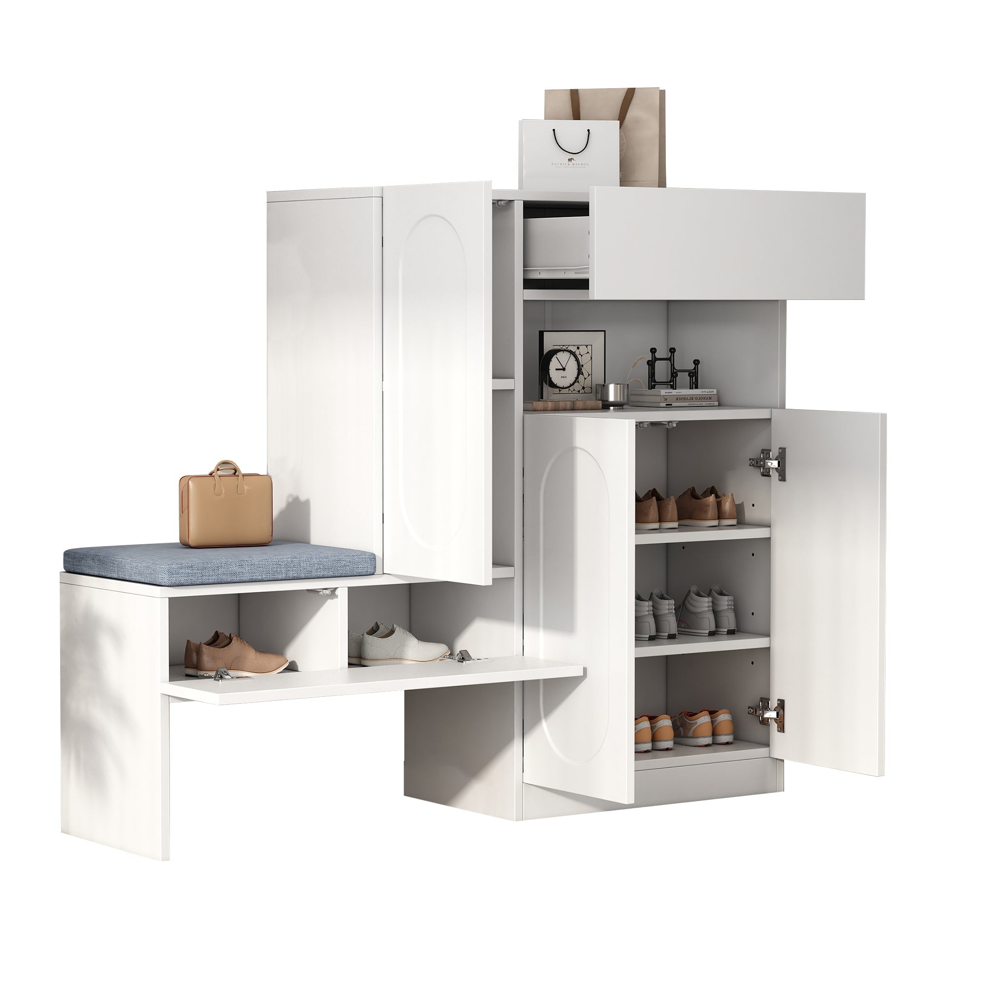 Trendy 2-in-1 Shoe Cabinet with Curved Doors, Soft-Close, Adjustable Compartments, Upholstered Bench, White