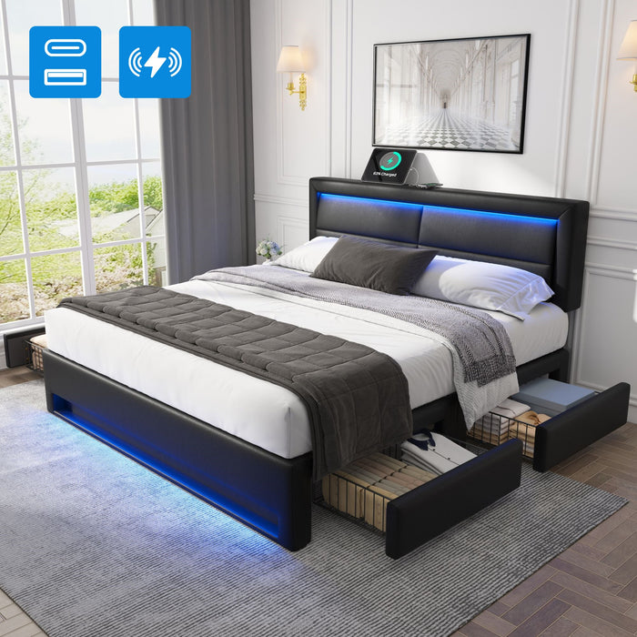 Upholstered Bed 160x200cm with USB Charging, LED Lighting and 4 Drawers, Black PU Lychee Pattern
