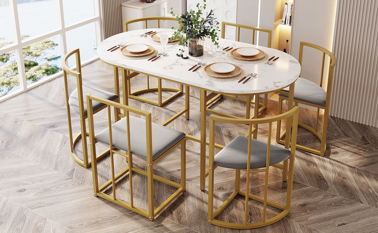 Dining Table Set (6-Piece) with White Table, Gray Upholstered Chairs & Gold Iron Frame