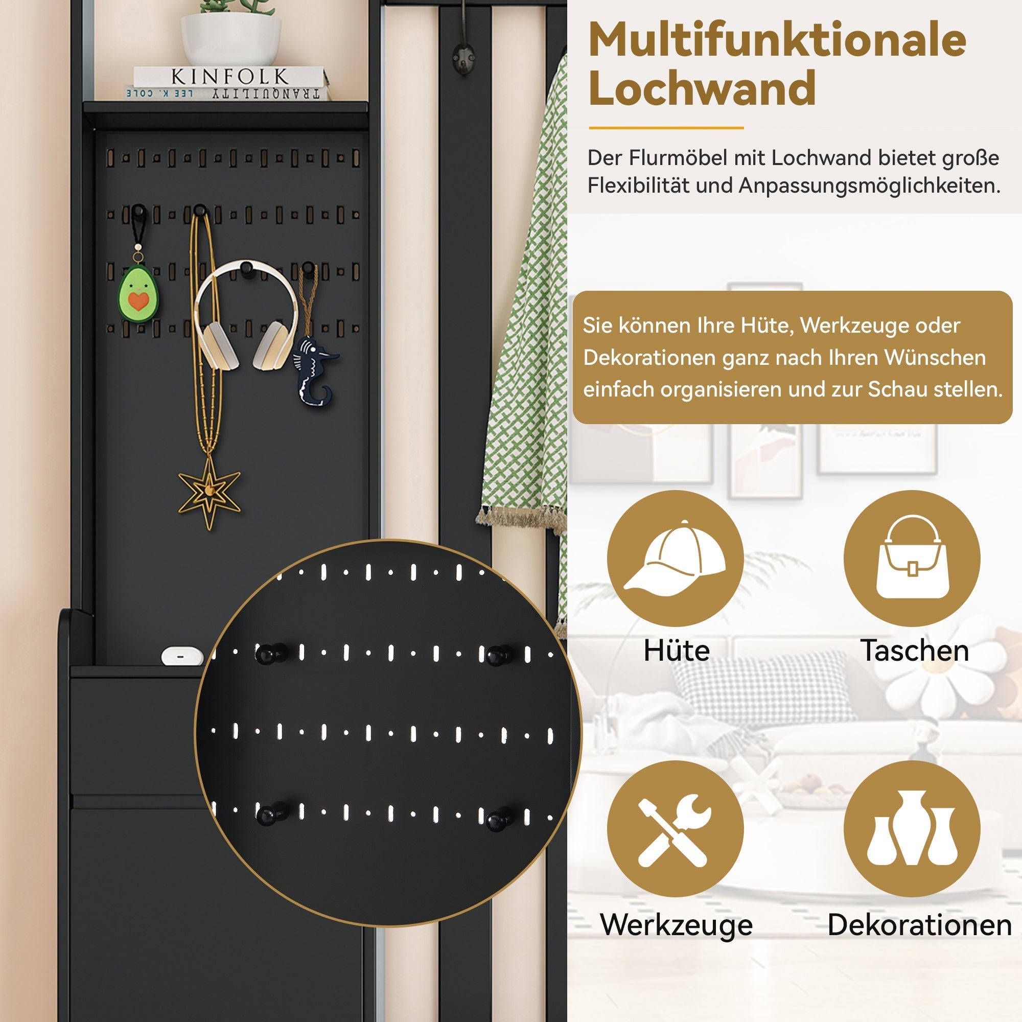Hallway coat rack with padded storage bench and pegboard, 4 hooks, black