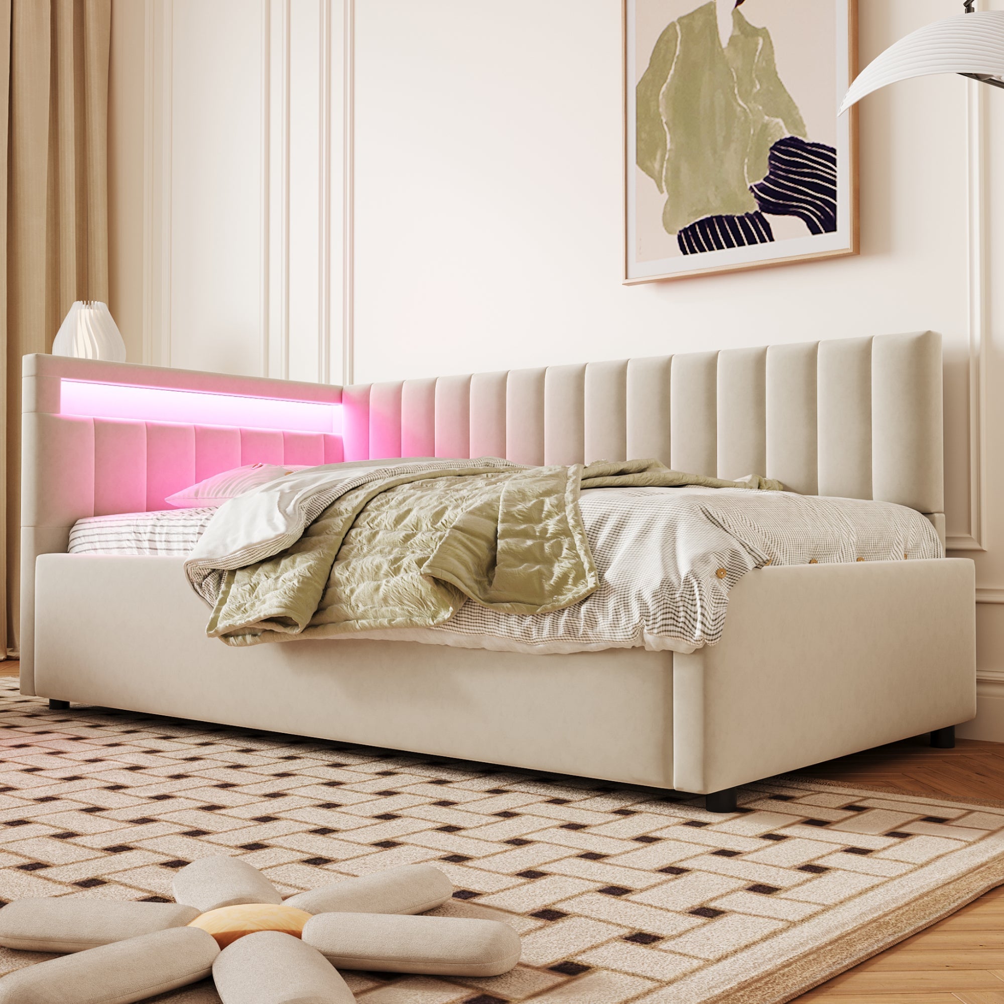 Upholstered Sofa Bed 90x200 with LED & Storage, Velvet, Beige