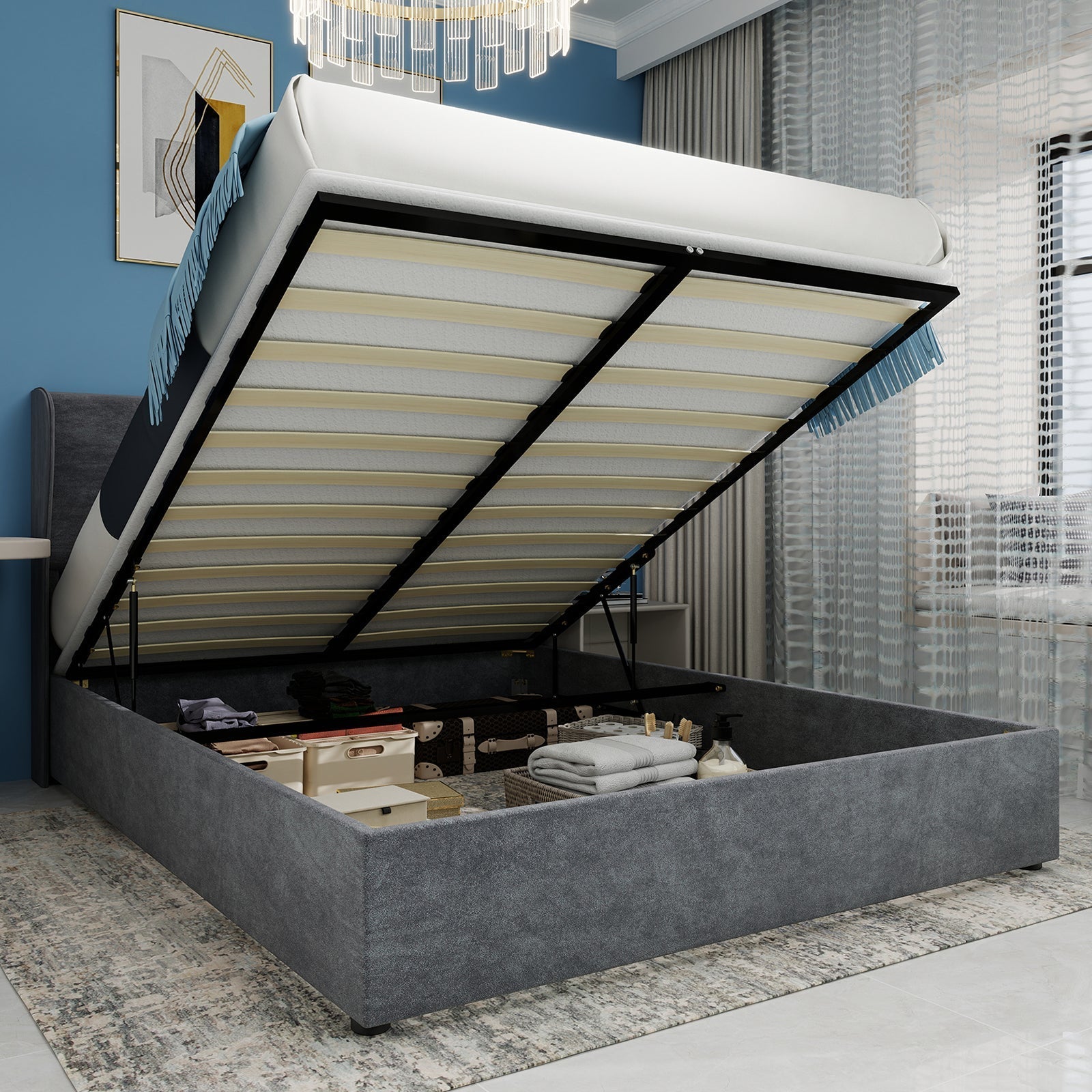 Upholstered Bed, Modern Minimalist with Gas Lift Storage, Grey
