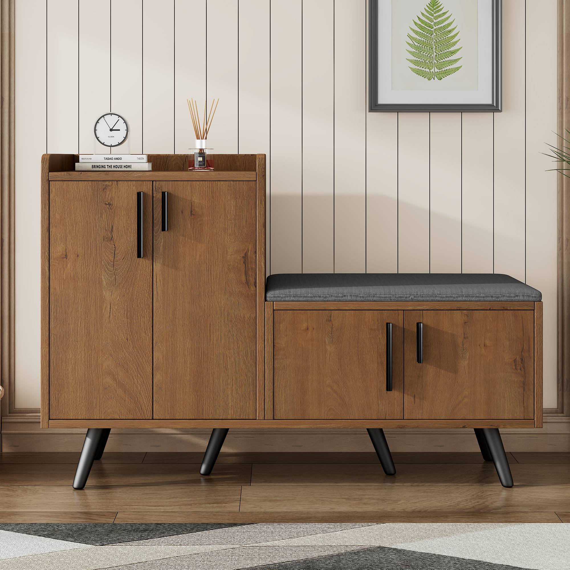 Modern shoe bench with wood grain, shoe cabinet, four storage doors, asymmetrical metal handles