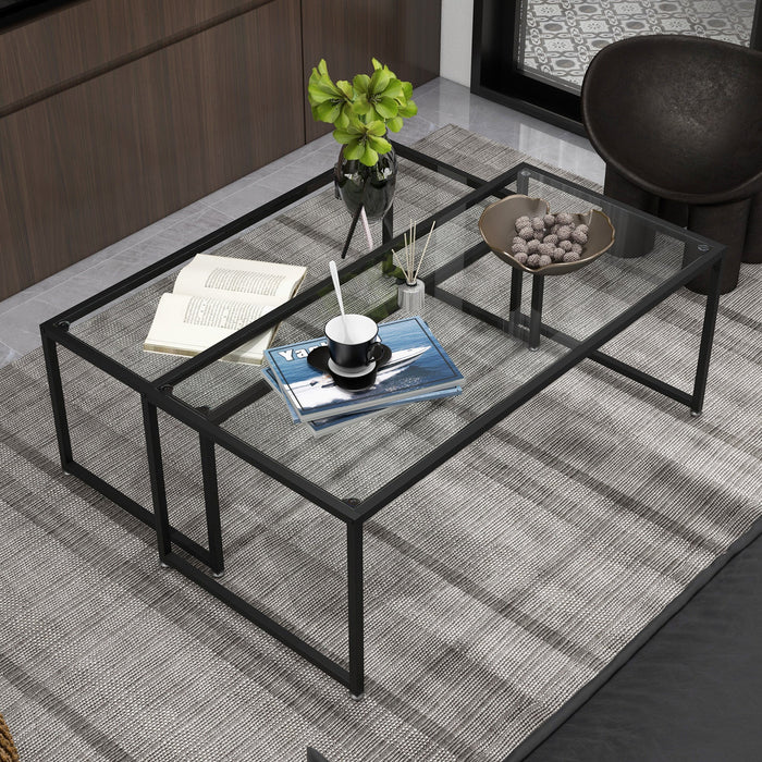 Coffee Table Set of 2 Nesting Side Table Glass Black Steel