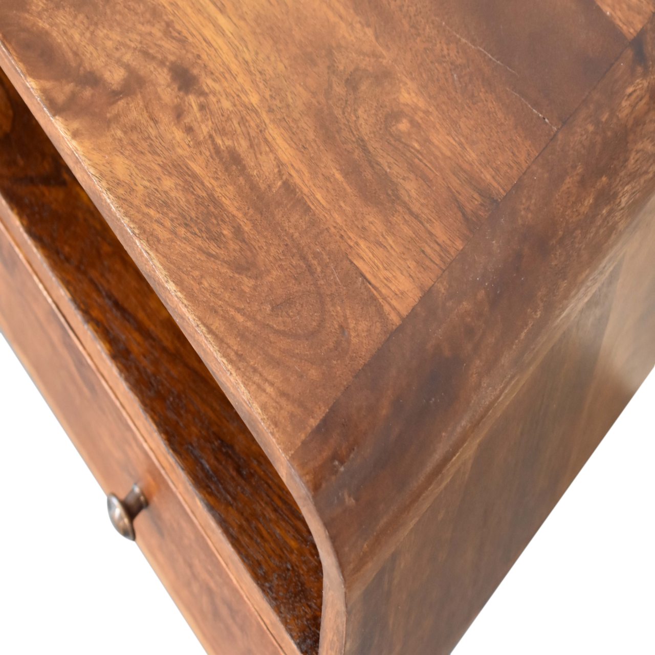 Solid Wood Mini Chestnut Curved Media Unit, 2 Drawers and Open Slot, Dark Brown