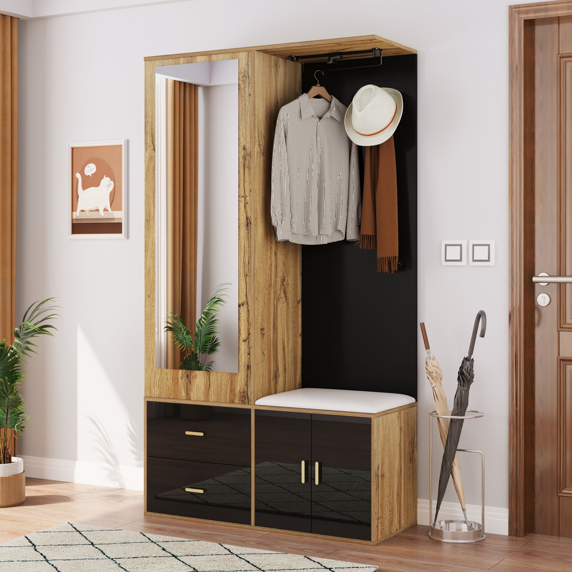 Wardrobe Set with Mirror, Shoe Cabinet & Bench, Black and Wood
