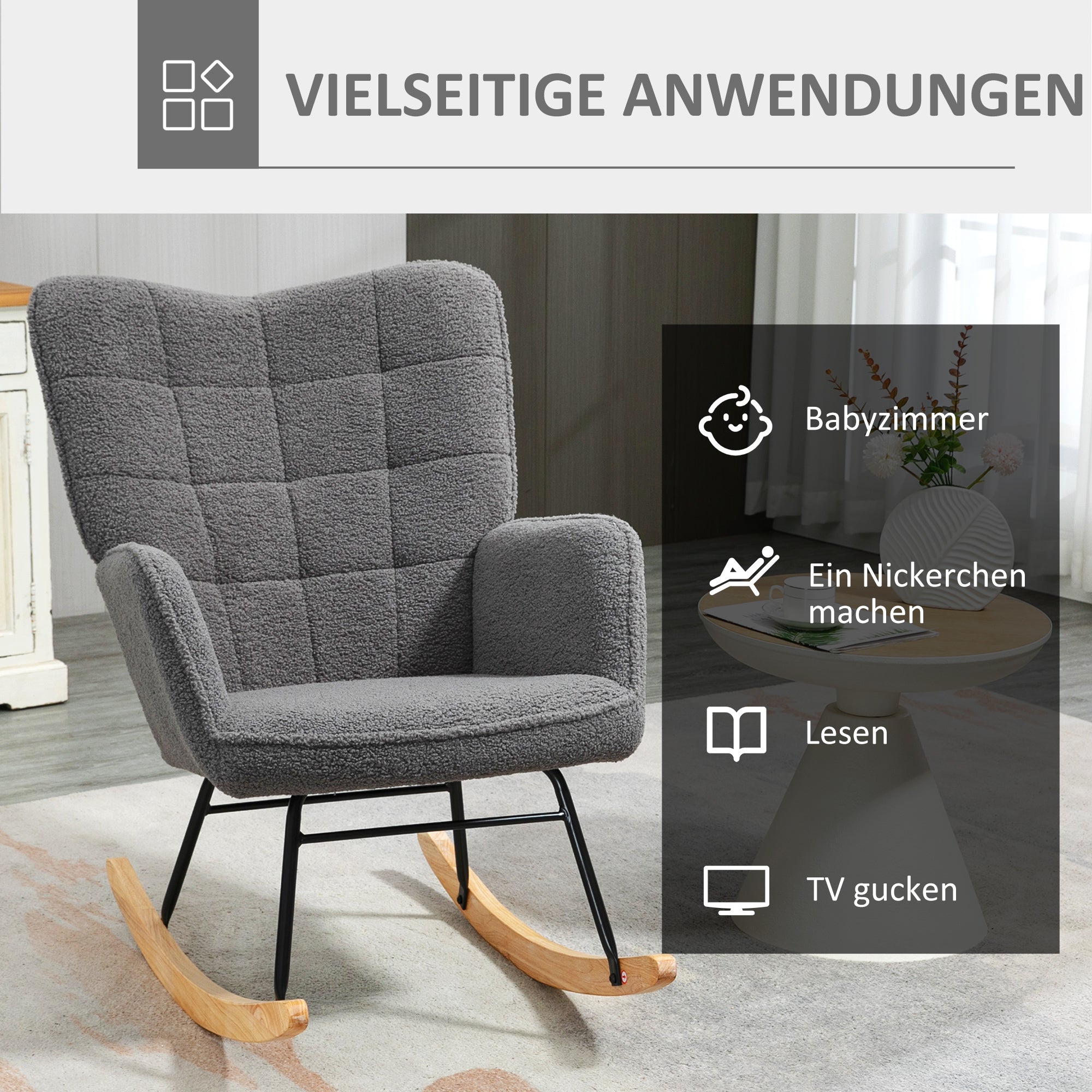 Rocking Armchair with Berber Fleece Look, Wooden Runners, 120kg Capacity, Dark Grey