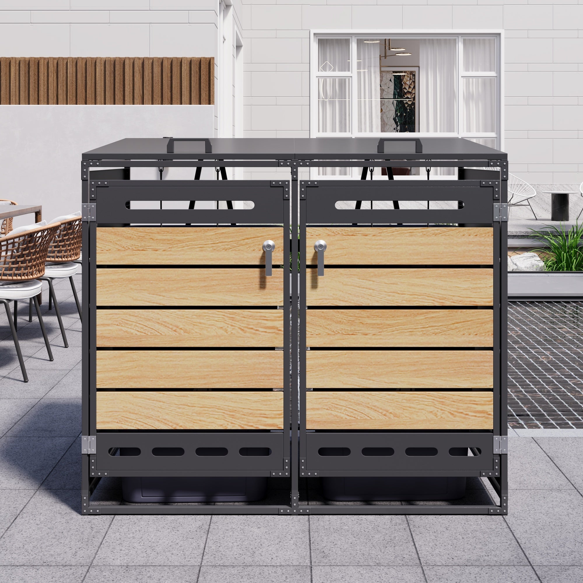 Bin Storage Unit with Hydraulic Lid and Slotted Ventilation, Iron with Wood-Look Cladding