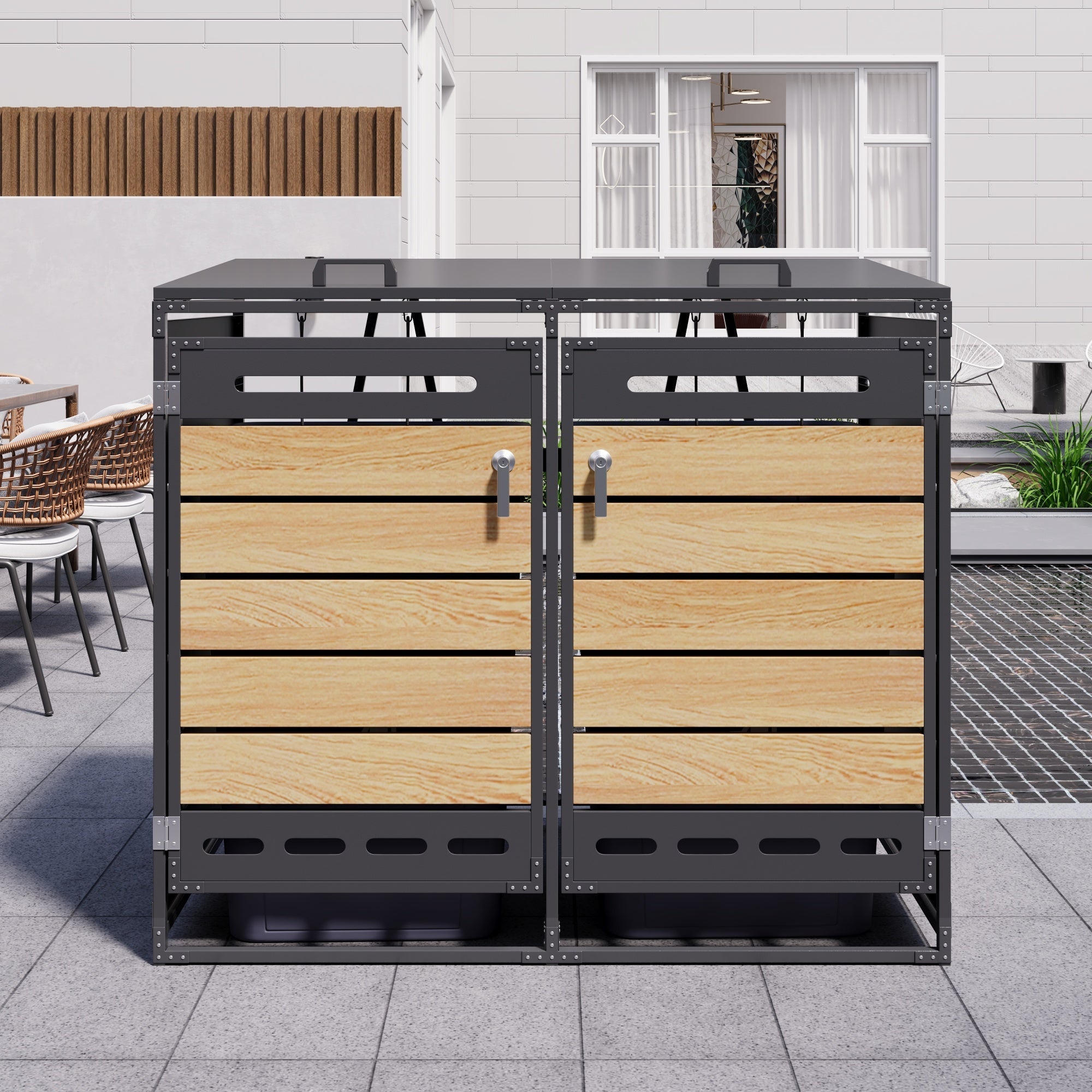 Bin Storage Unit with Hydraulic Lid and Slotted Ventilation, Iron with Wood-Look Cladding