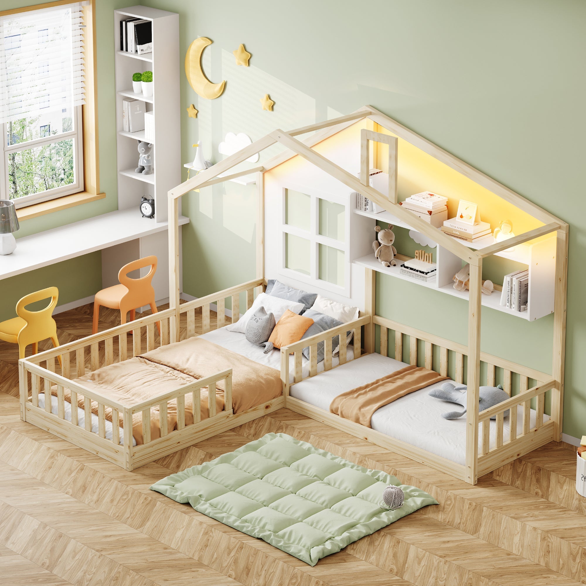 Children's Bed with Window, Shelves and LED Light Strip, Wood Color ...