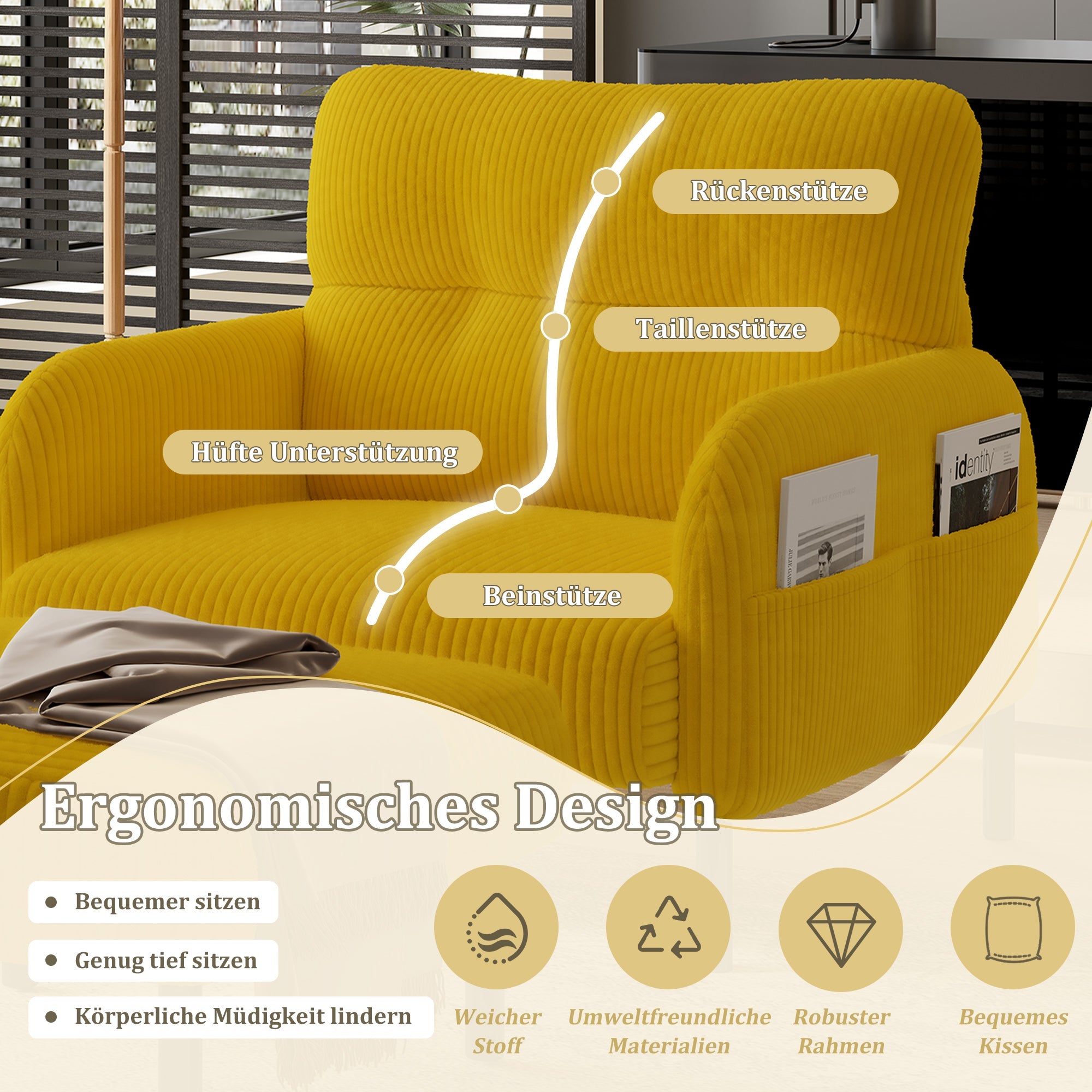Sofa/Chair, Comfortable Seating with Side Pockets, Velvet Fabric